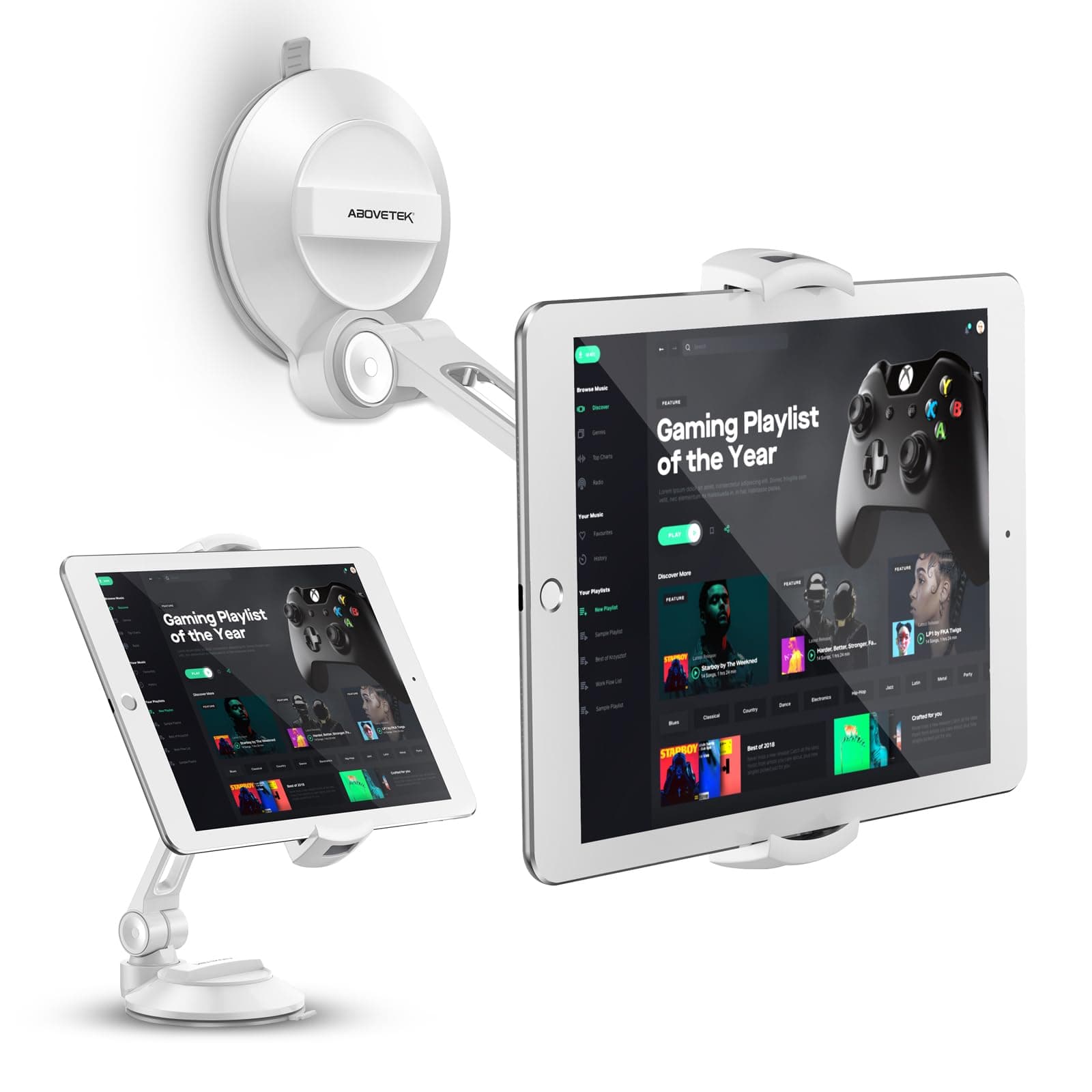 AboveTEK Tablet Stand with Suction Cup, Adjustable Tablet Holder Mount for Desk, Car Windscreen, Mirror or Glass – Fits 4”-11” Tablets & Phones, iPad Mount for Home, Office (White)