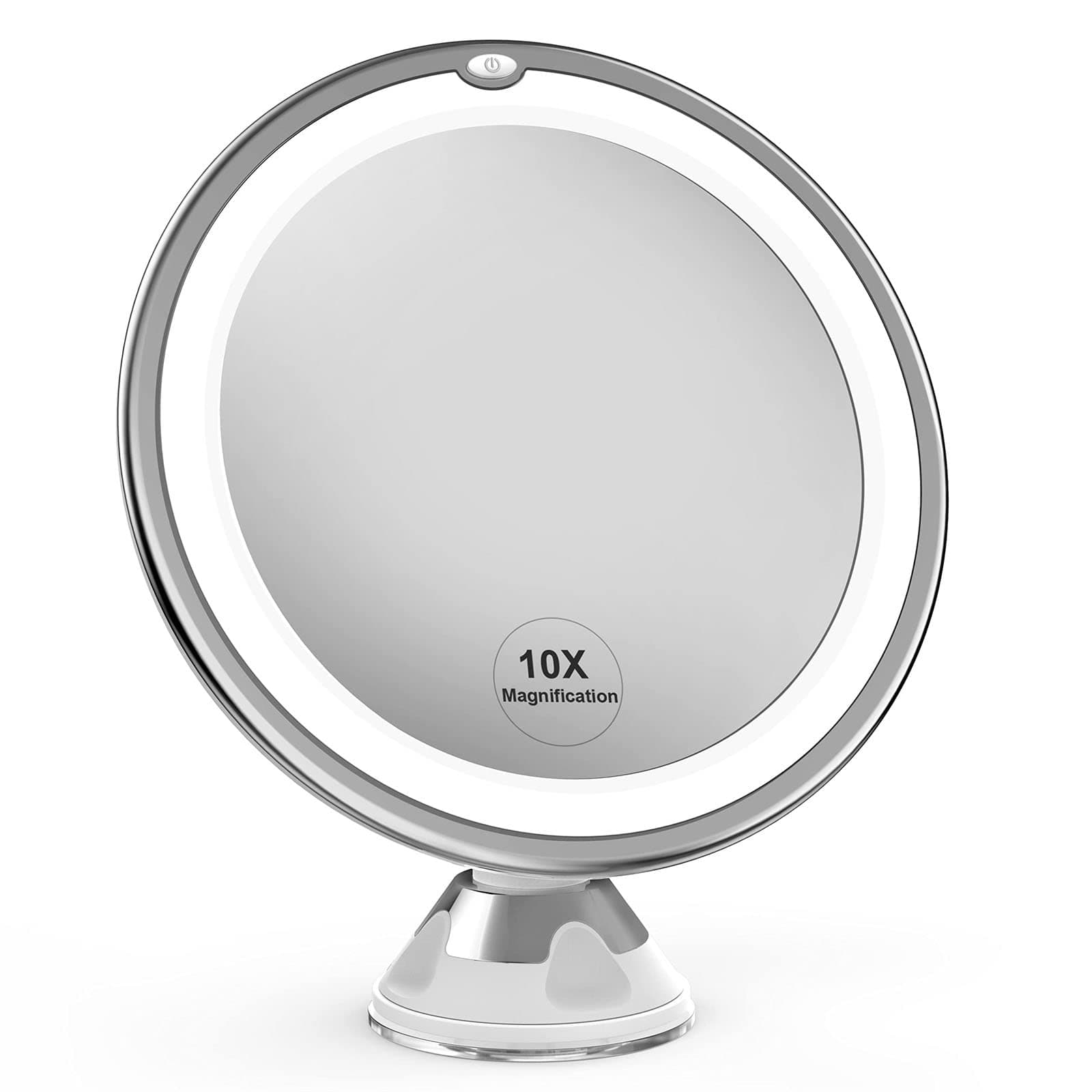 Arabest Makeup Mirror with Lights, Strong Suction Cup Vanity Mirror, 10X Magnifying Lighted Vanity Daylight White LED, Portable Illuminated Bathroom Mirrorfor Home Tabletop Bathroom Shower (Button)