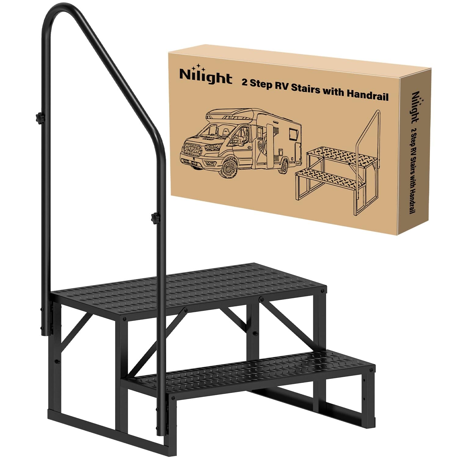 Nilight RV Steps with Handrail, 2 Steps Hot Tub Steps Outdoor RV Stairs Step Portable Mobile Motor Home Stairs for Camper Travel Trailers Dock Entry Steps 5th Wheel RV Porch with Anti-Slip Handrail