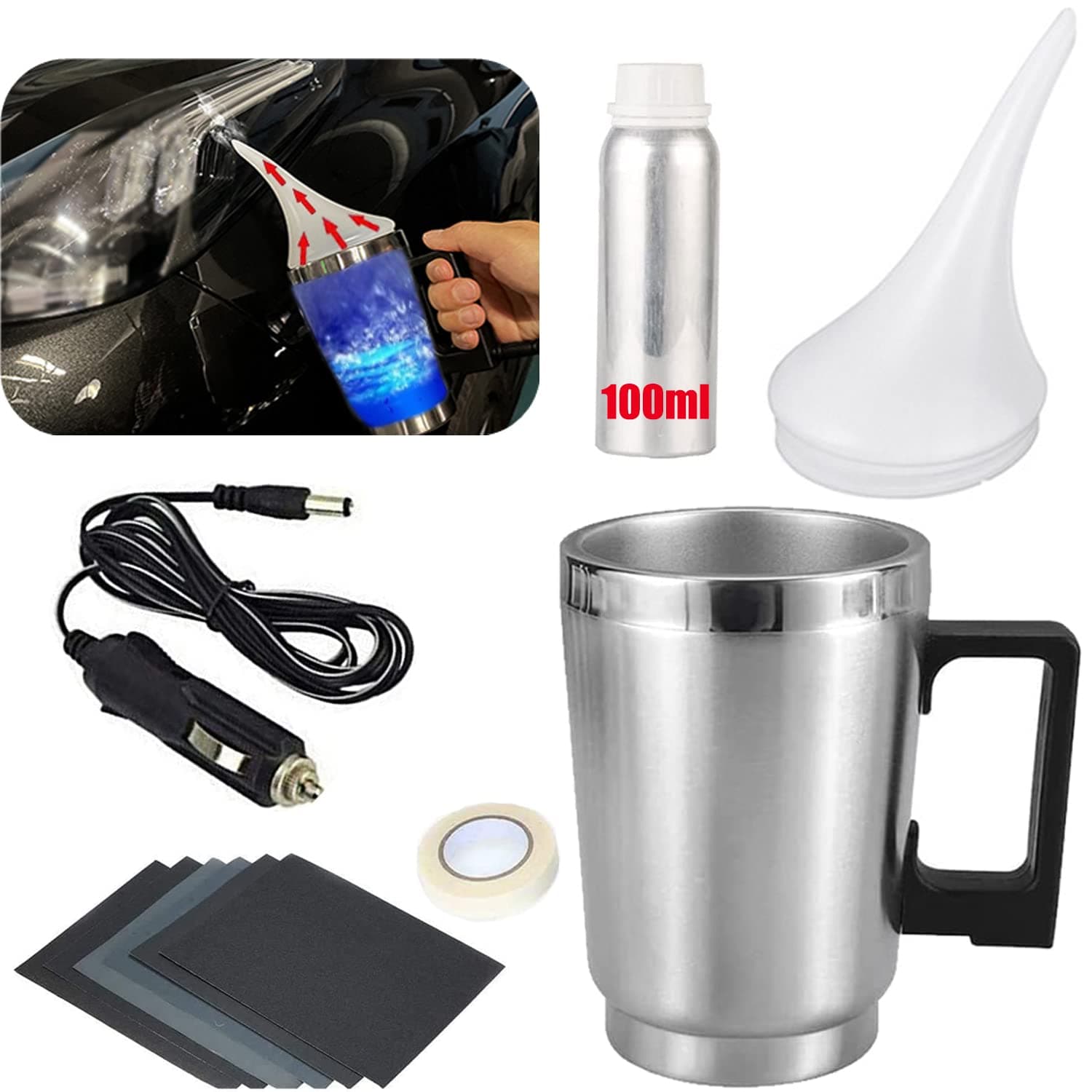 Headlight Restoration Car Headlight Lens Scratch Repair Polish Tool with 100 ml Restoration Liquid,Auto Headlight Vapor Renovation Kit with UV Block Coat to Remove Yellowing/Scratch/Haze/Oxidation