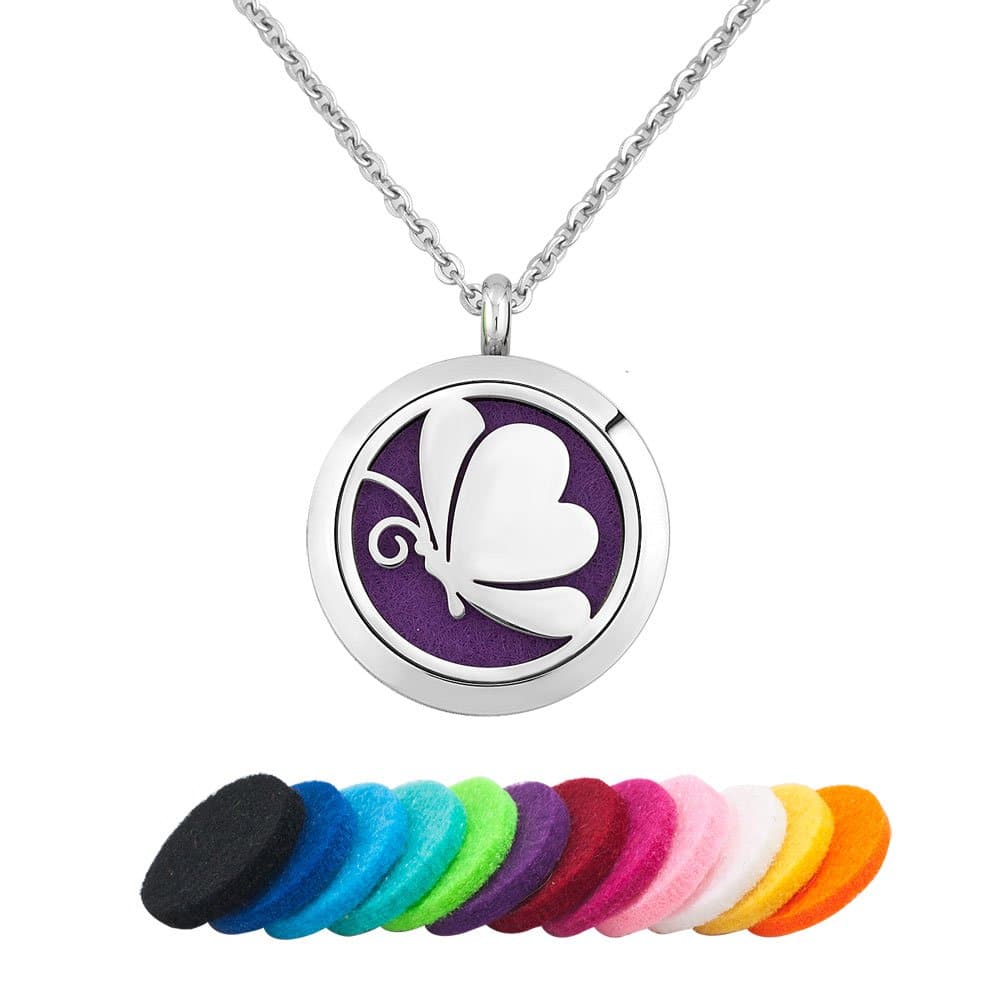 Third Time Charm Aromatherapy Essential Oil Diffuser Necklace Stainless Steel Butterfly Locket Pendant,12 Refill Pads