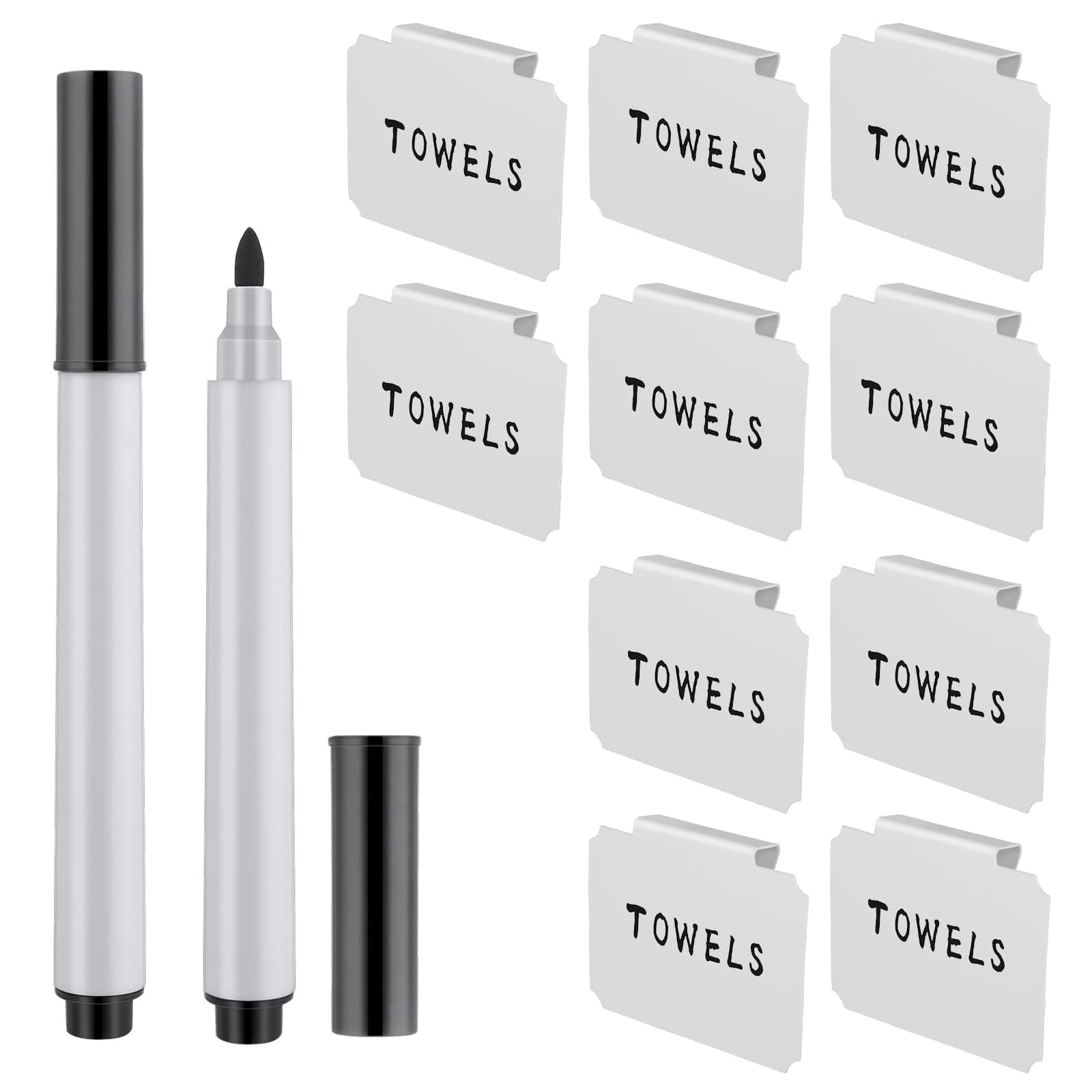 12 Pieces Basket Labels Clip on Set, Include 10 Pieces Kitchen Clip Label Holder Removable Pantry Basket Labels with 2 Pieces Black Chalk Marker for Storage Bins Organization Box (White)
