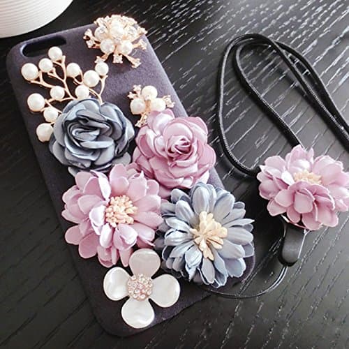 iPhone 6 Plus Case, Aimell Luxury 3D Vintage Pearl Case Handmade Fabric Flower Back Skin Cover For iPhone 6 6s Plus With Detachable Flower Lanyard Neck Strap (Dark Blue)