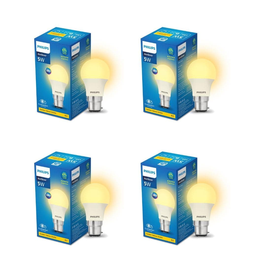 Philips 5-watt LED Bulb | AceSaver LED Bulb | Base: B22 Light Bulb for Home | Warm White, Pack of 4