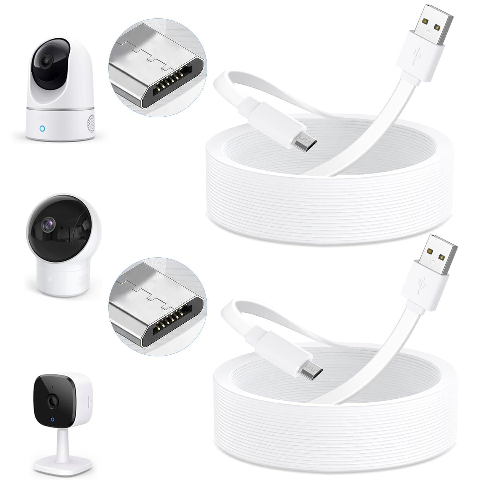 2Pack 25ft Micro USB Extension Cable Compatible with eufy Security Indoor Cam E220/P24, Flat Power Cable for eufy Security Indoor Cam C120, Weatherproof Charging Cord with 24* Cable Clips
