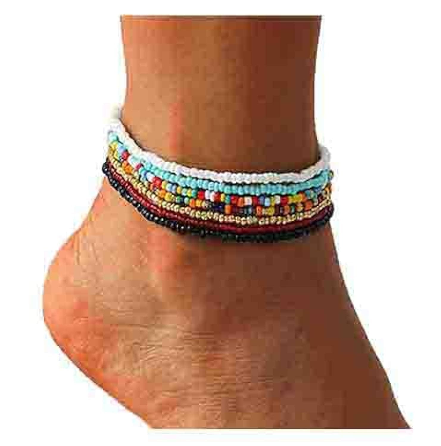 Boho Handmade Beaded African Anklets Multicolor Women Stretch Seed Beads Rainbow Ankle Bracelets Glass Bead Bracelet Elastic Foot and Hand Chain Jewelry (7PCS)