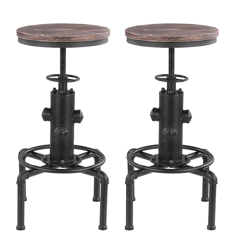 iKayaa Metal Adjustable Industrial Bar Stools Chairs Kitchen 2 pcs Dining Chairs Barstools W/Footrest Swivel Pinewood Top Pipe Style
