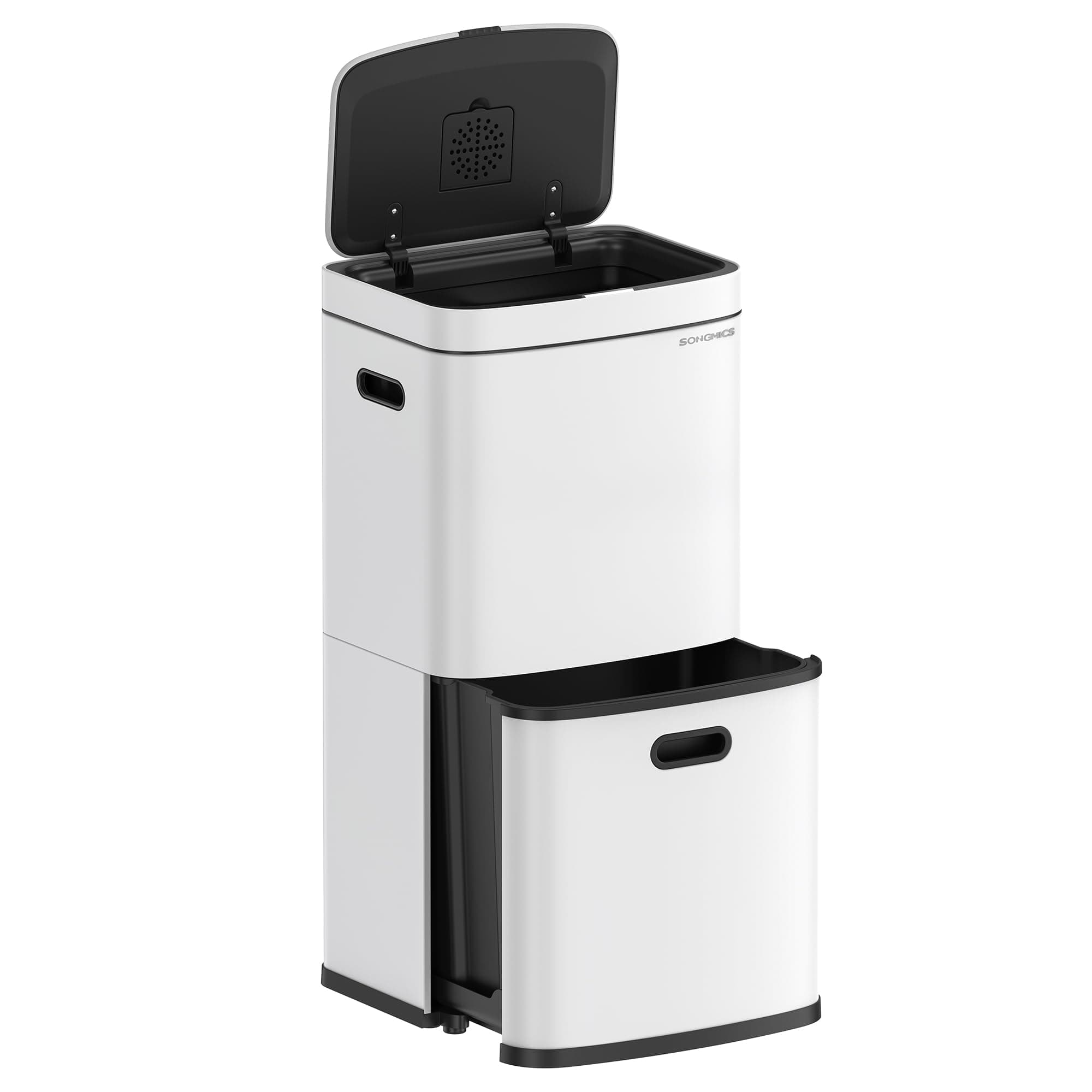 Kitchen Bin, 3-Compartment Rubbish Bin, 2 x 2.6 Gallons (10 L) and 7.9 Gallons (30 L), Steel, Space-Saving, Inner Buckets, Carbon Filter, 39.5 x 29.8 x 80.2 cm, Cloud White LTB551W02