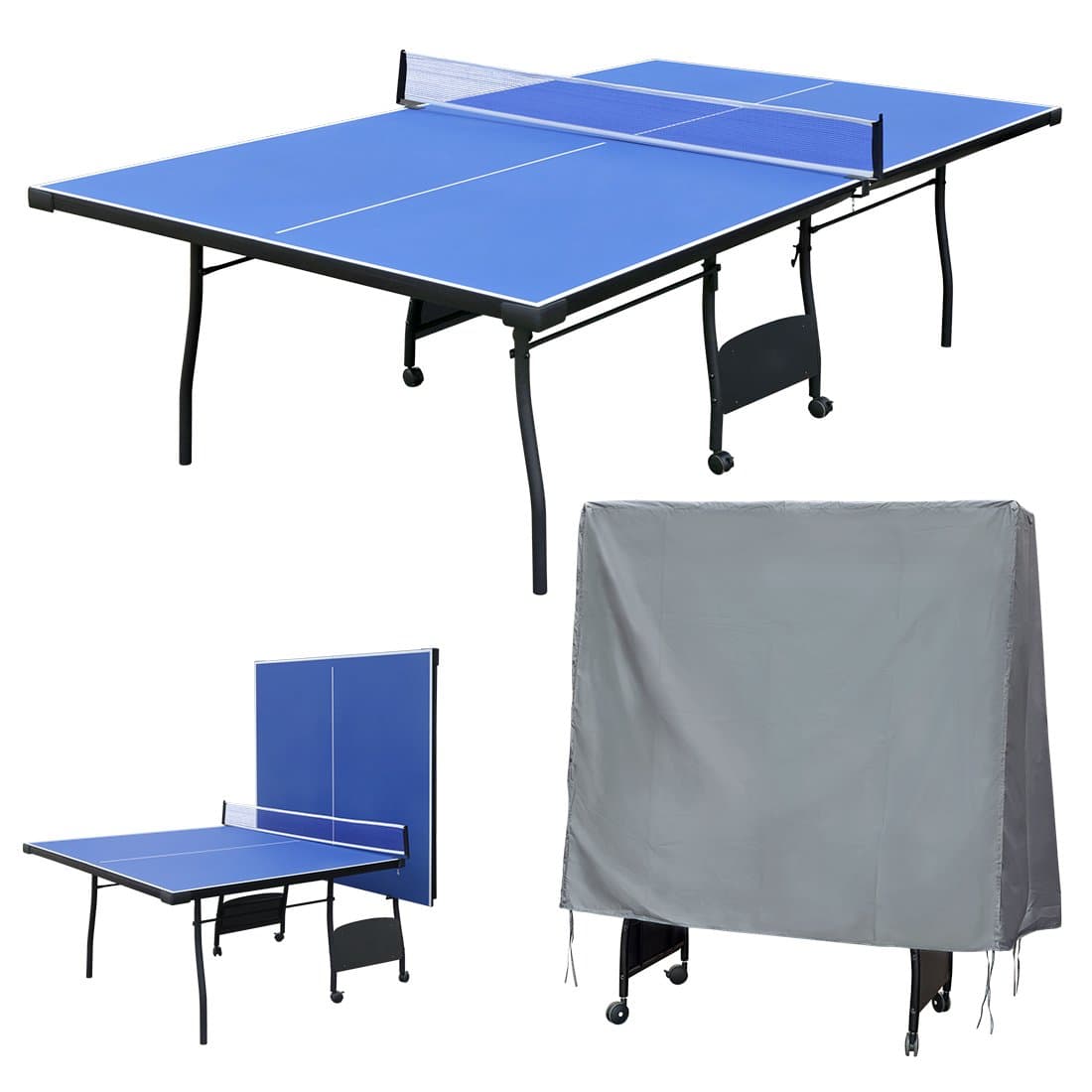 9FT Professional Full Size Rollaway Indoor Table Tennis Table Blue Ping Pong Table with Waterproof Protective Cover Dustproof