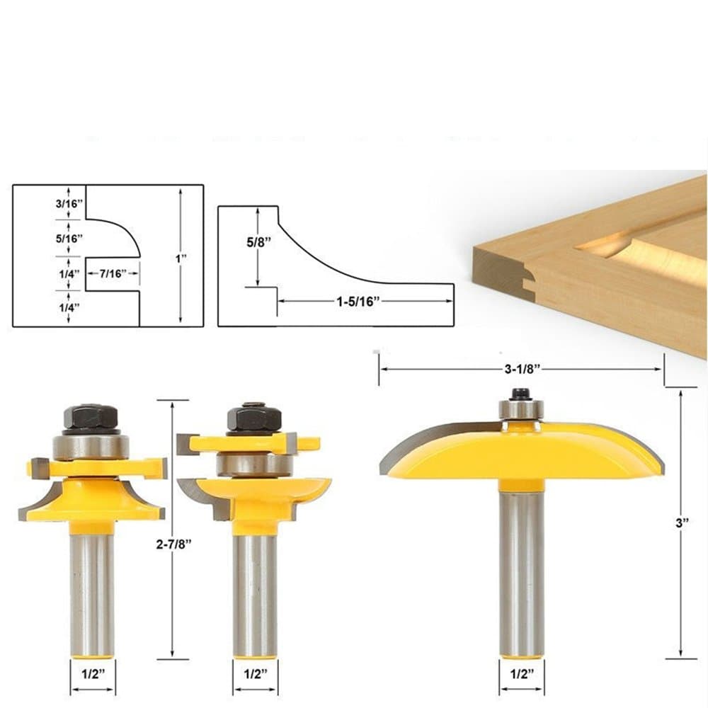 AKUTA 1/2" Shank 3 Bit Cove Raised Panel Cabinet Door Router Bit Set
