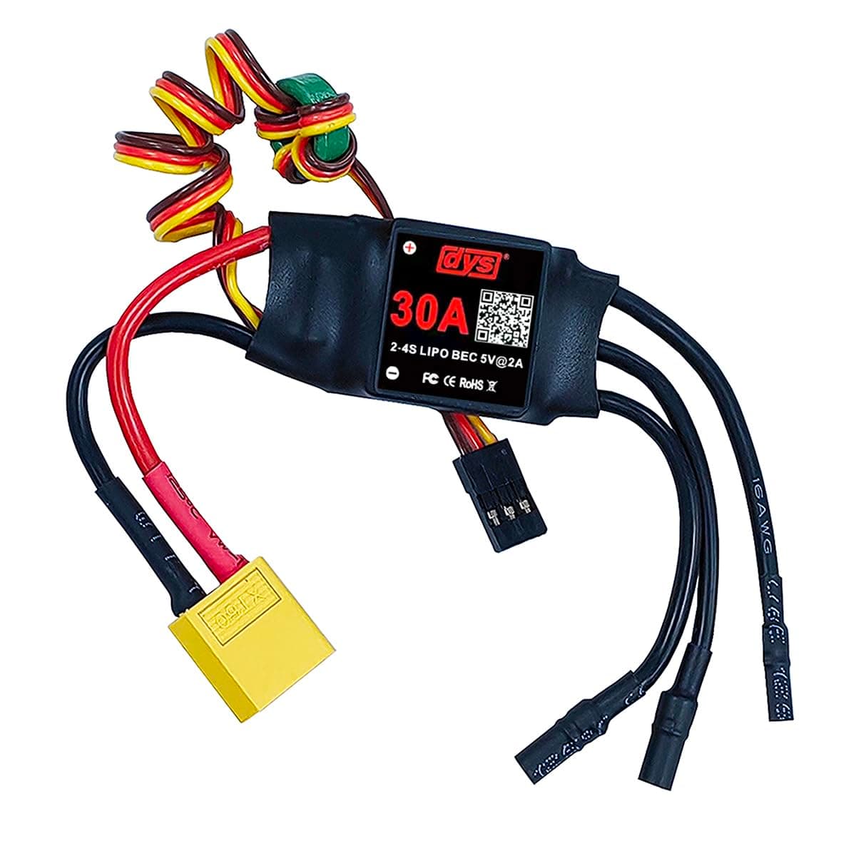 - DYS 30A 2-4S Brushless ESC with 5V/2A BEC with XT60 & 3.5mm Plug for RC Fixed-Wing Aircraft Helicopter
