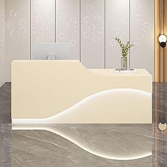 Front Desk Reception Counter, Front Counter Desk with Lockable Drawer, Reception Counter, Modern Retail Counter for Checkout Office/Beauty Salon/Lobby C-right(Beige-L,Small)