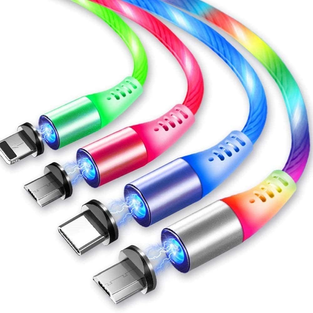 JJA Magnetic Charging Cable, Micro USB, Type C, i/connector 3 in 1, Android Smart Phone Rotating, Fast Charger, made with Luminous LED & Silicone Tubing (Pack of 4)