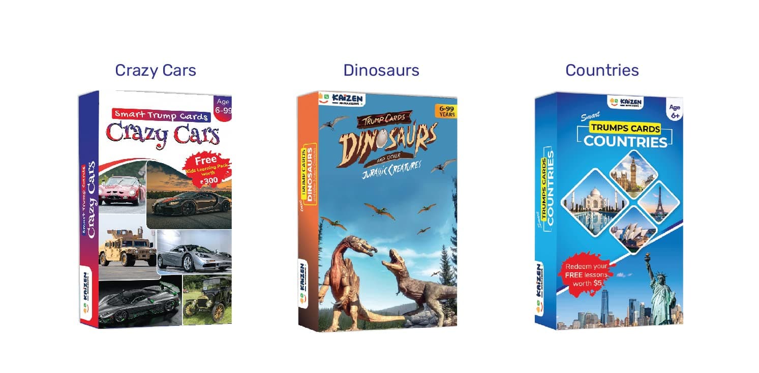 Trump Card Game for Age 6-13. Learn While Playing. (3in1CountriesDinoCars)