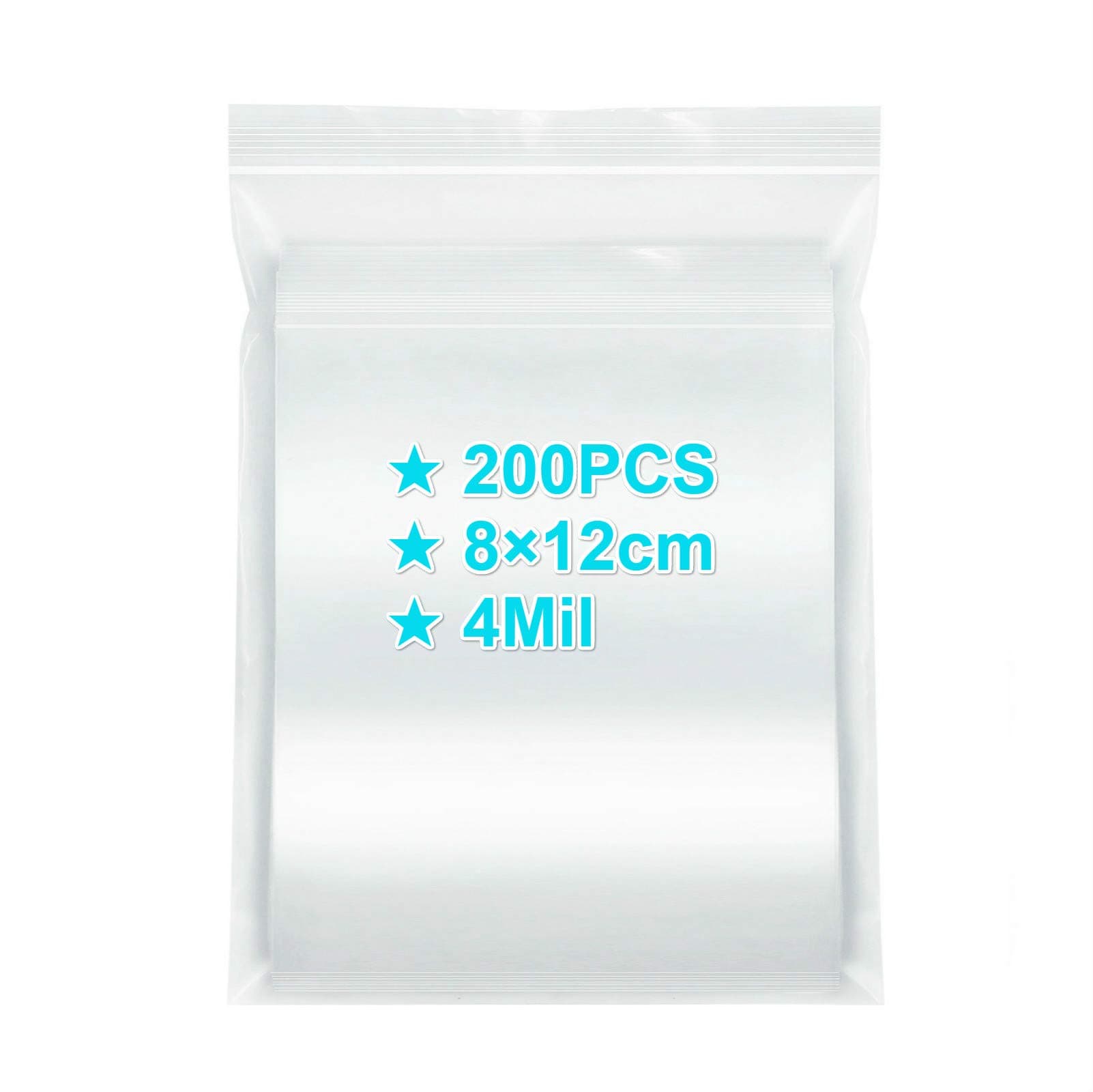 Ziplock Bags 8×12cm, 200PCS, 4 Mil Extra Thick Medium Size Clear Plastic Resealable Bags with Lock Seal Zipper, Storage Pouches Grip Seal Bags for Jewelry Mask Incense Packaging