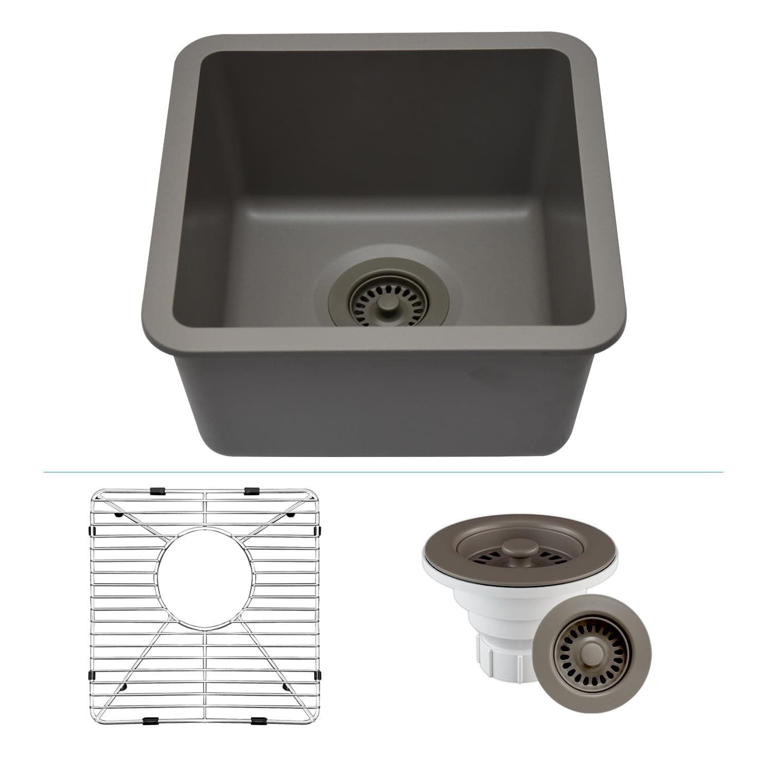 15" x 15" Quartz Kitchen Sink, Single Bowl Kitchen Sinks, Drop-in, Undermount Sink, Granite Composite Galaxy Concrete Kitchen Sink, with Grid, Strainer, Flange, Lexicon LP-1515-C