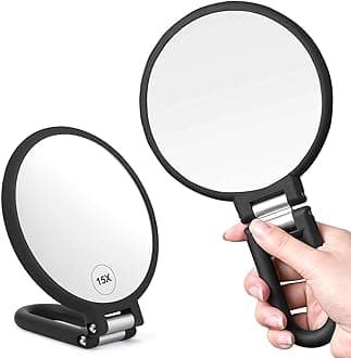 CLSEVXY Magnifying Handheld Mirror Double Sided, 1X 15X Magnification Hand Mirrors, Travel Folding Hand Held Mirror, 360°Rotation Pedestal Makeup Vanity Mirror