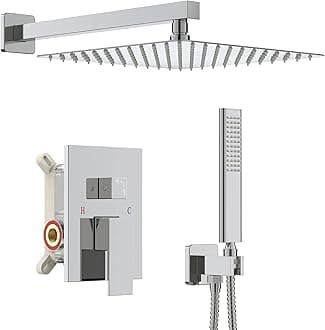 Iriber 12 Inch Bathroom Shower System Polish Chrome Wall Mounted Square Mixer Shower Faucet Combo Set with Hand Held Rough-in Valve Rainfall Shower and Trim