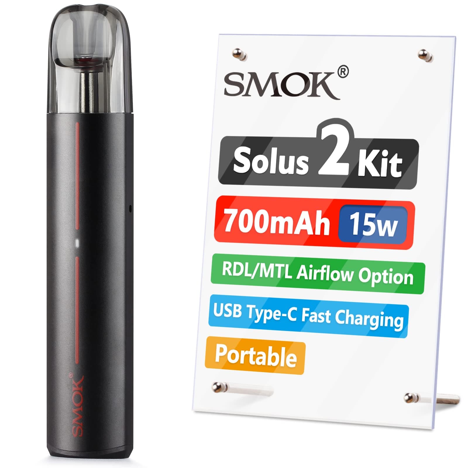 Solus 2 Vape Pen Kit, Updated 700mAh 25W E Cigarettes Vape Starter Kit with 2ml Meshed 0.9ohm Pod, RDL&MTL Airflow Vaping, USB Type-C Fast Charging, Portable Ecig No Nicotine - Black
