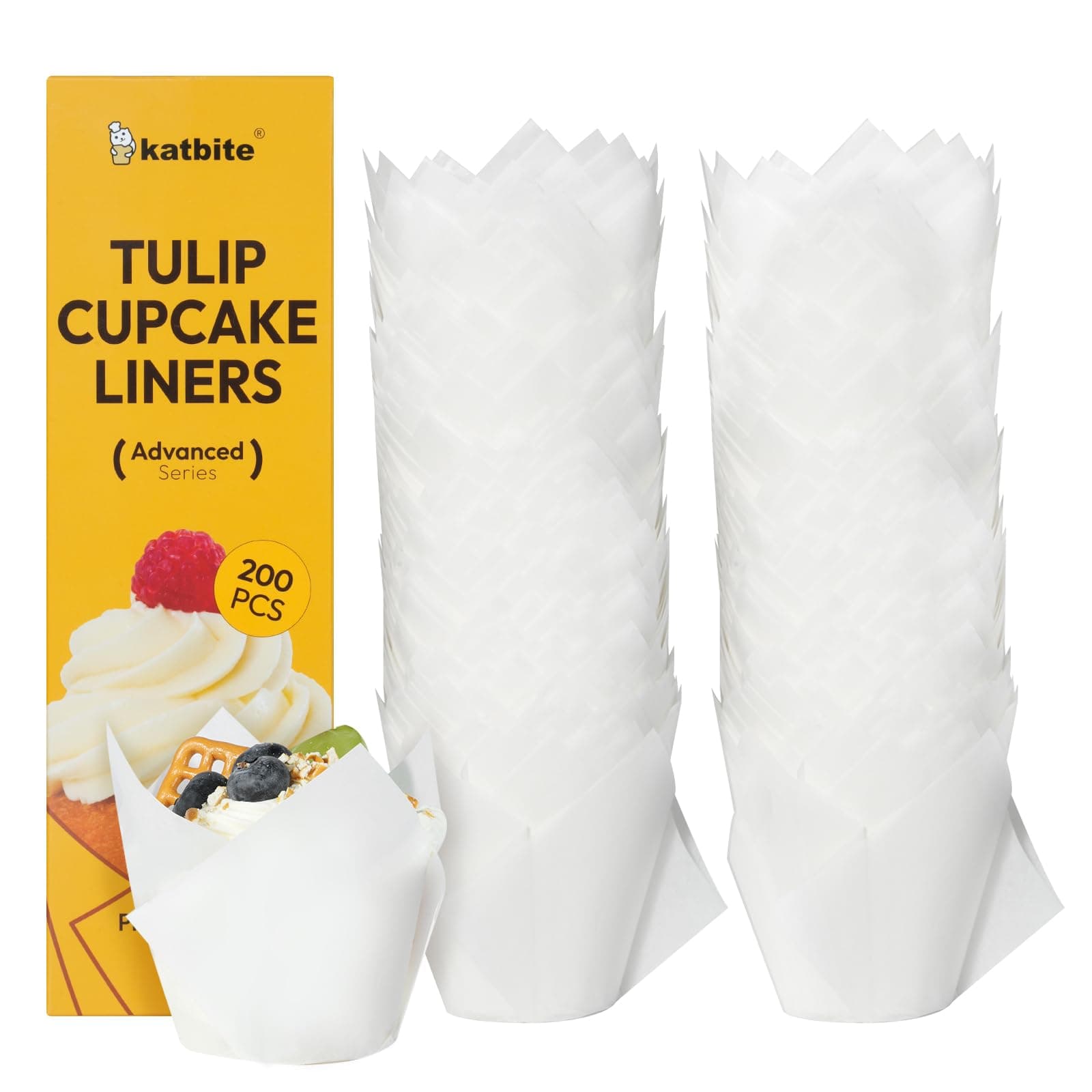 Katbite Tulip Cupcake Liners 200PCS, Muffin Baking Cups ProSmooth White
