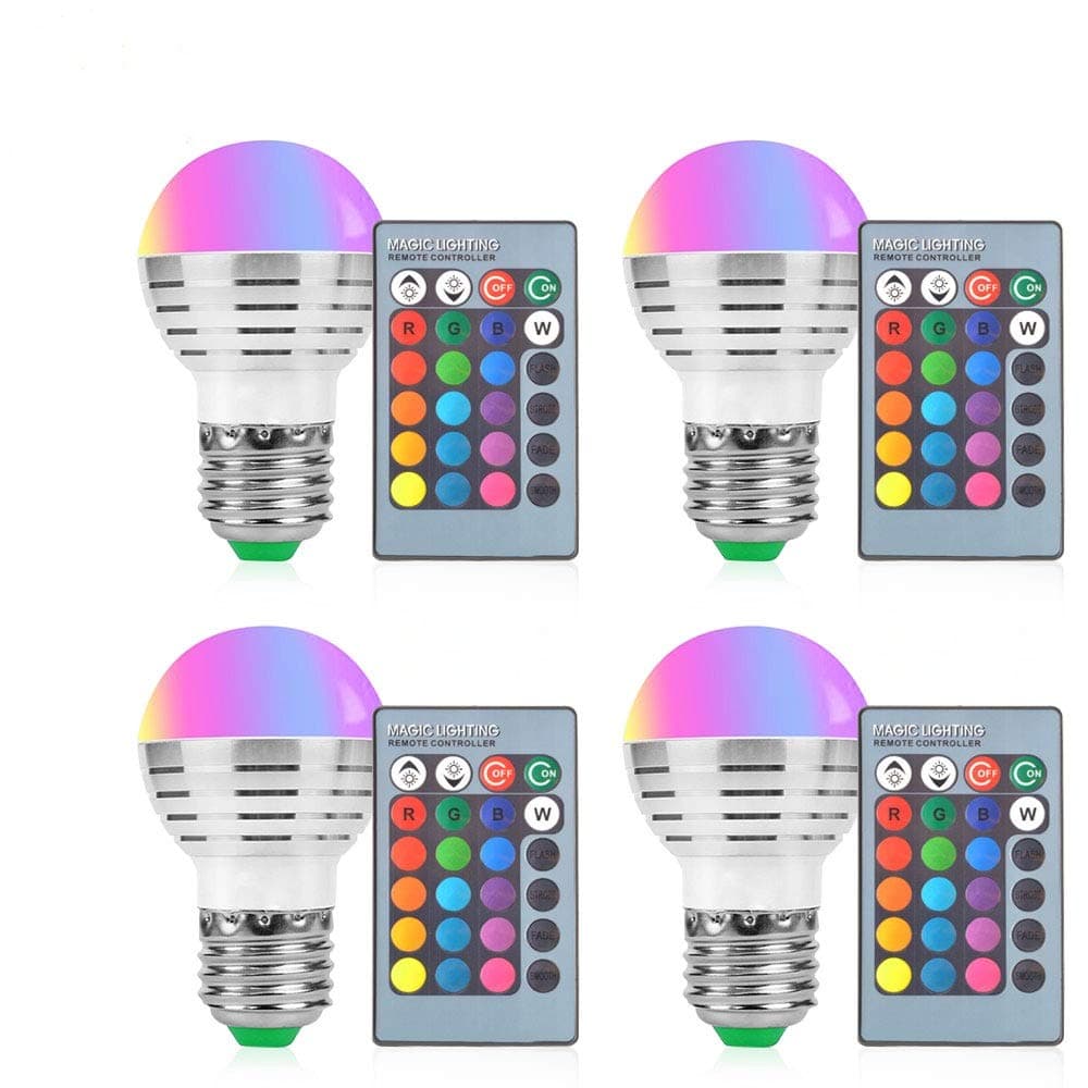 Aifulo LED Color Changing Light Bulb, 4 Pack 3W Dimmable RGB Light Bulbs, E27 E26 Screw Base RGBW 16 Color with IR Remote Control for Home Bar Party KTV Stage Mood Ambiance Lighting