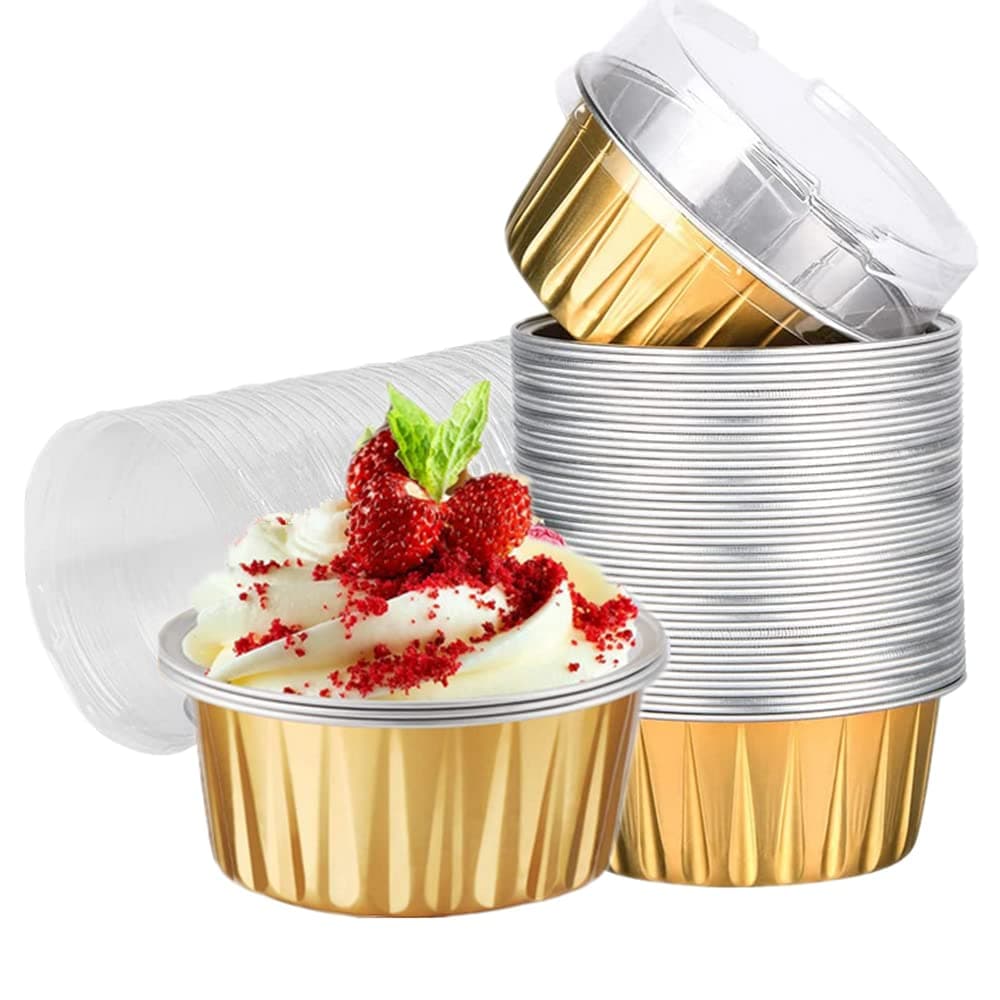 CURTEK 100 Pack Aluminum Foil Baking Cups with Lids 5 oz Dessert Cups Muffin Tins Disposable Mini Cake Pans Cupcake Cups Muffin Tins Liners for Wedding Birthday Individual Dessert Containers (Gold)