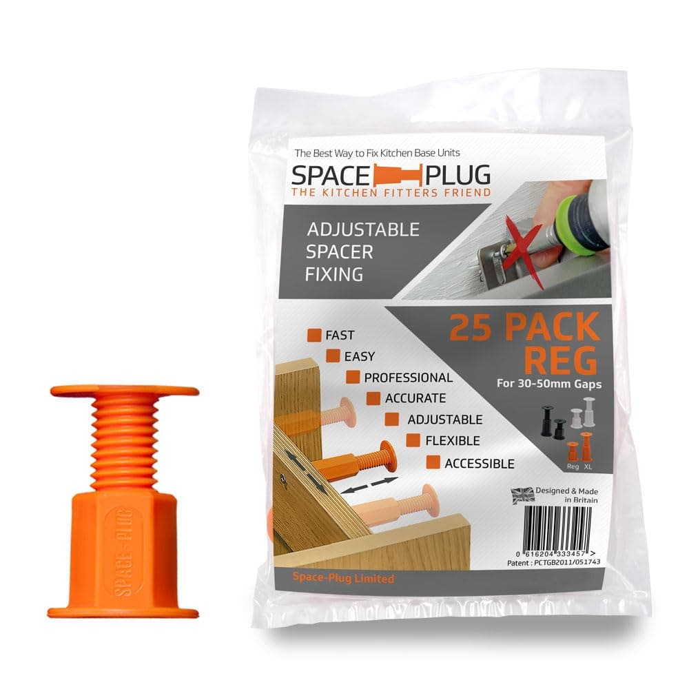 Space-Plug Adjustable Spacer Fixings (Regular Size for 30-50mm Gaps), 25 Pack of Original Orange Spacers, Professional & DIY use for Kitchen, Bedroom, Bathroom & Furniture installations