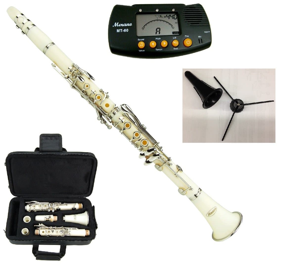 New Merano B Flat WHITE / Silver Clarinet with Case+Metro Tuner+Clarinet Stand+11 Reeds