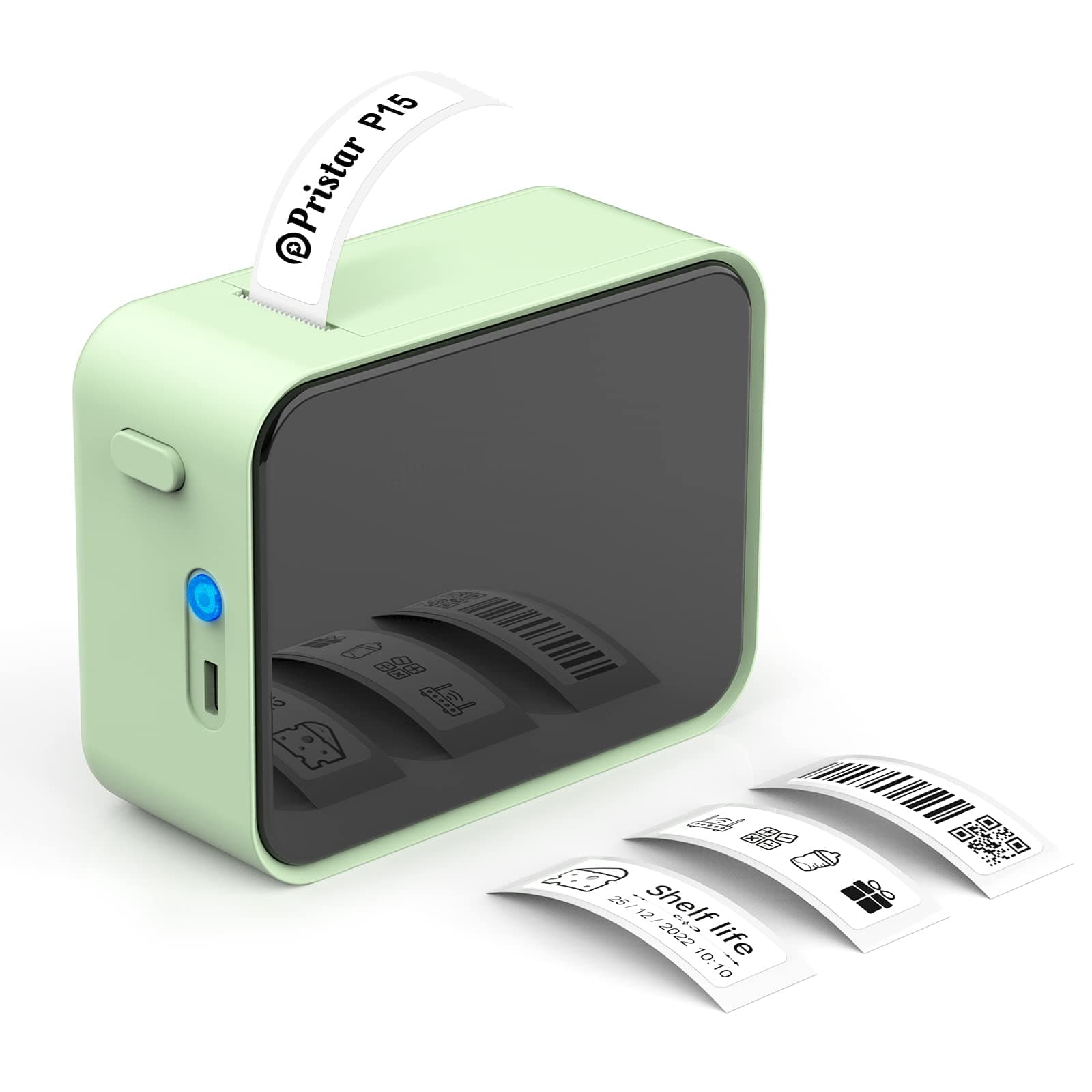 P15 Labeling Device, Bluetooth Labelling Device, Self-Adhesive, Rechargeable Label Printer, Label Printer for iOS and Android, Suitable for Home, School, Office, Green