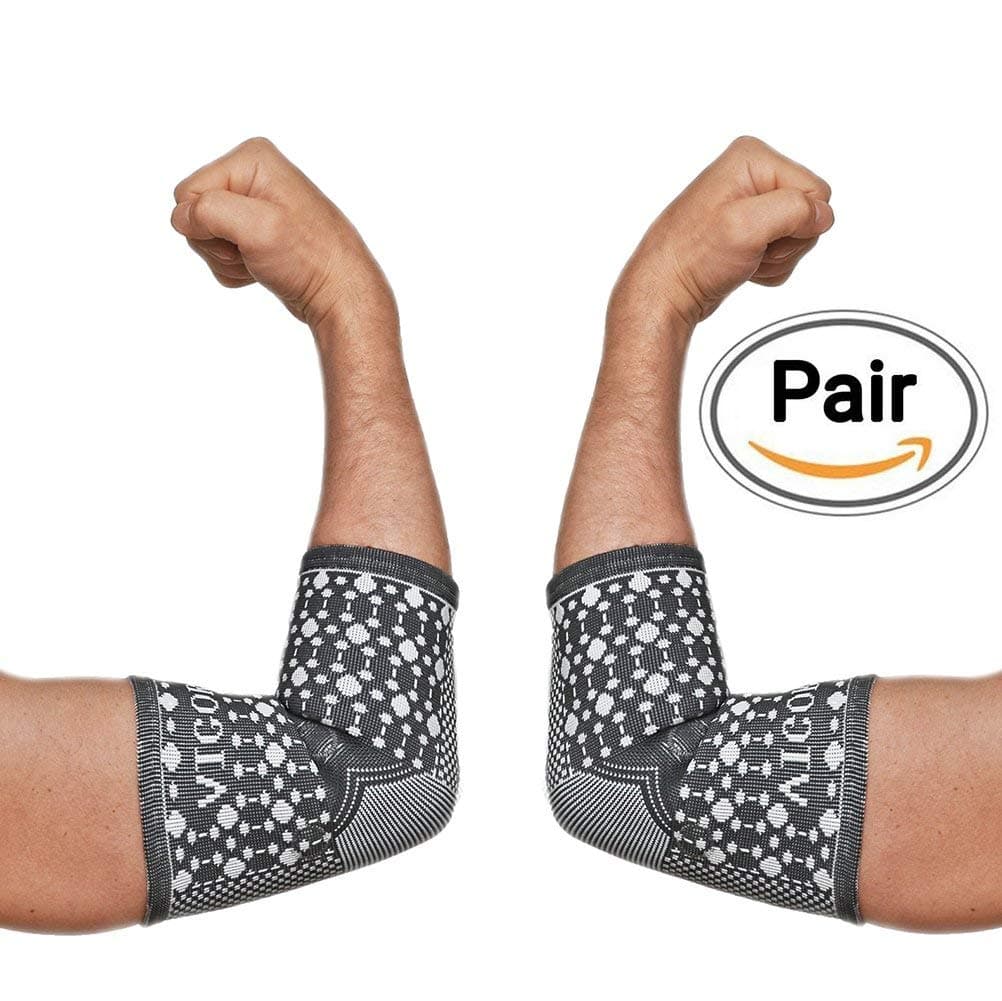 Premium Elbow Compression Sleeve (2 pcs) - Athletic Elbow Sleeve Used for Basketball, Tennis, Baseball, Running - Great Elbow Support - Sized for Men & Women Vigor Force