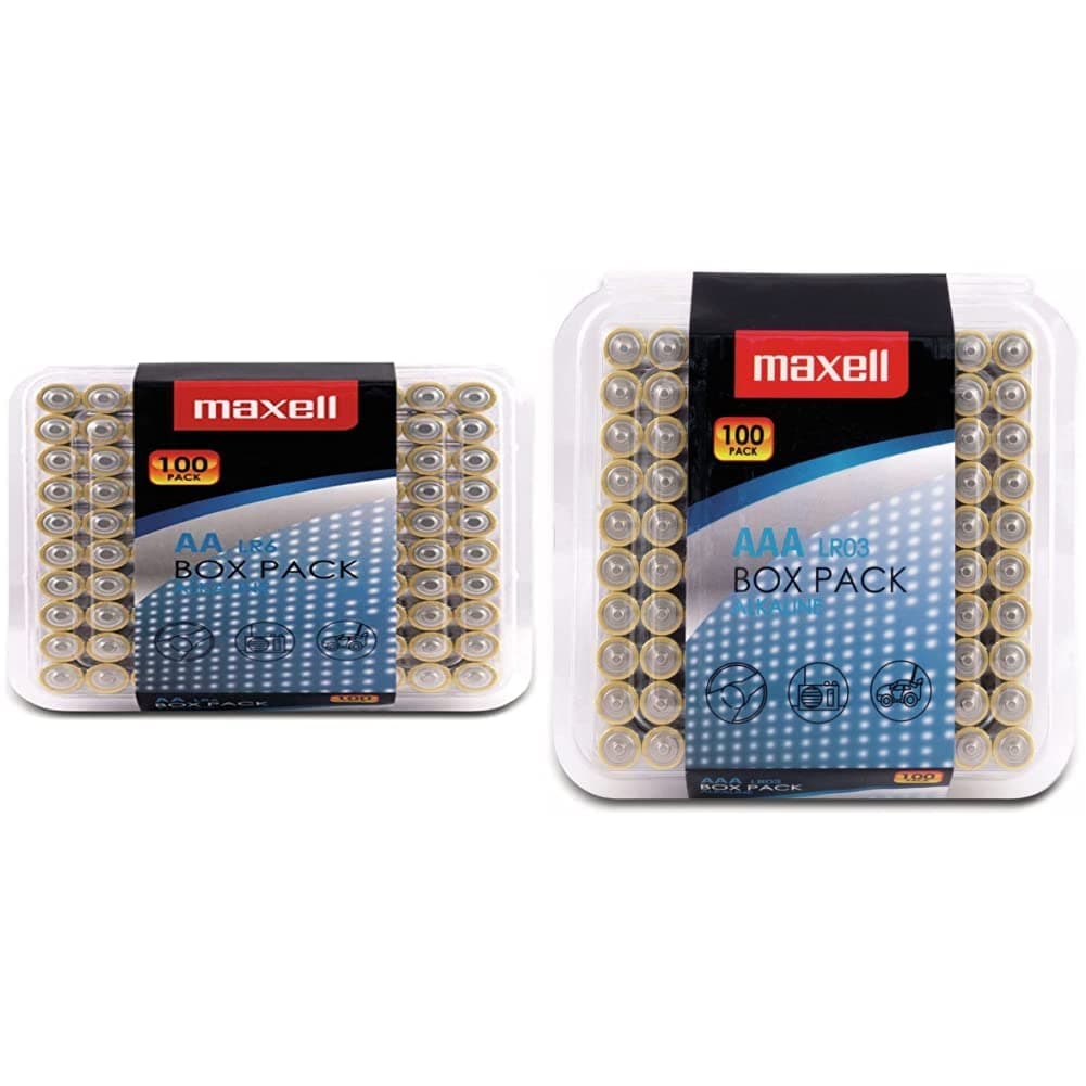 Maxell 790410 Alkaline LR03 AAA Batteries Box Pack (100 Pack) & Alkaline LR6 AA Batteries Box Pack (100 Pack)