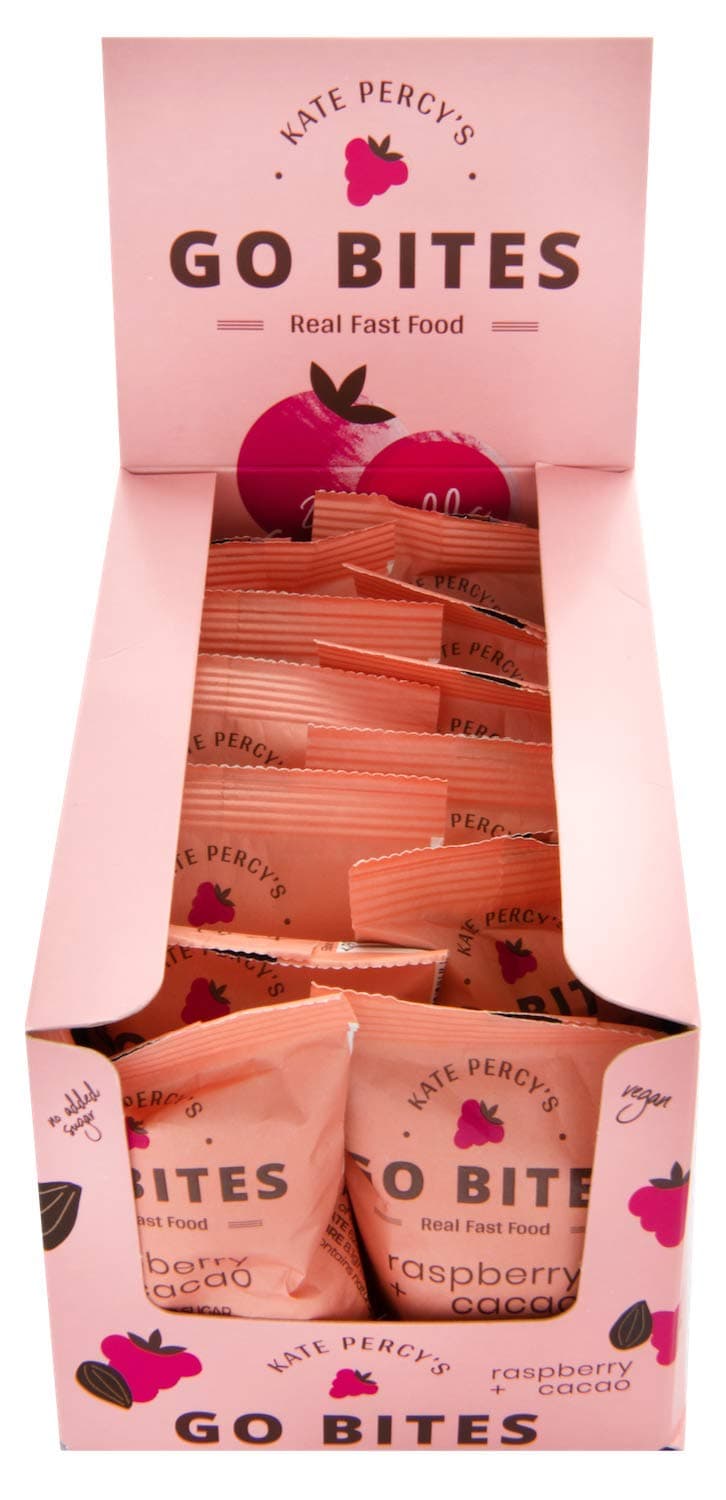Kate Percy's Go Bites Raspberry & Cacao 2 Ball x 12 Packs | Vegan | Gluten Free | Low Calorie | Healthy Snack | Christmas Stocking Filler