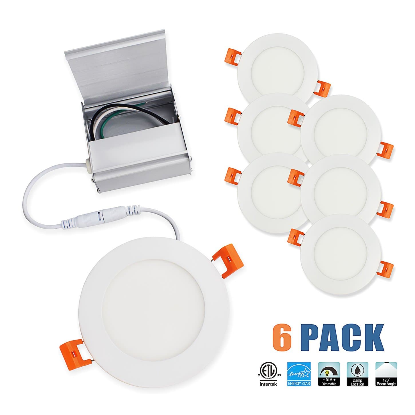 REIYN 4 Inch Ultra-Thin ceilling light with Junction Box Round Slim Panel Trim ETL energy star Listed (3000K),6 Pack