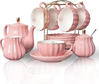 Sweejar Porcelain Tea Sets British Royal Series, 8 OZ Cups& Saucer Service for 6, with Teapot Sugar Bowl Cream Pitcher Teaspoons and tea strainer for Tea/Coffee, The for Thanksgiving