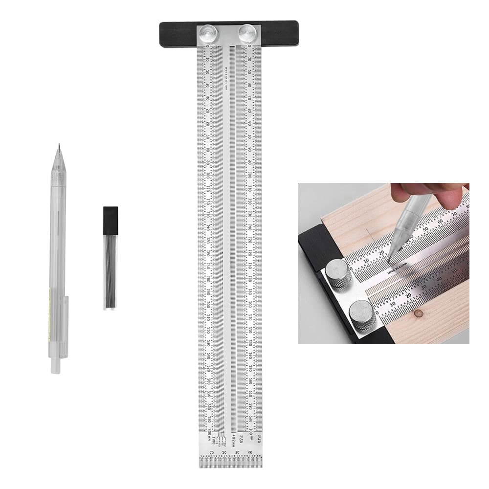 JUNMEIDO T‑Type Ruler Stainless Steel Scribing Ruler High Precision Marking T-Rule Metric Hole Ruler Woodwork Marking Tools with Automatic Pencil for Carpenter Draft Measuring and Positioning(300mm)