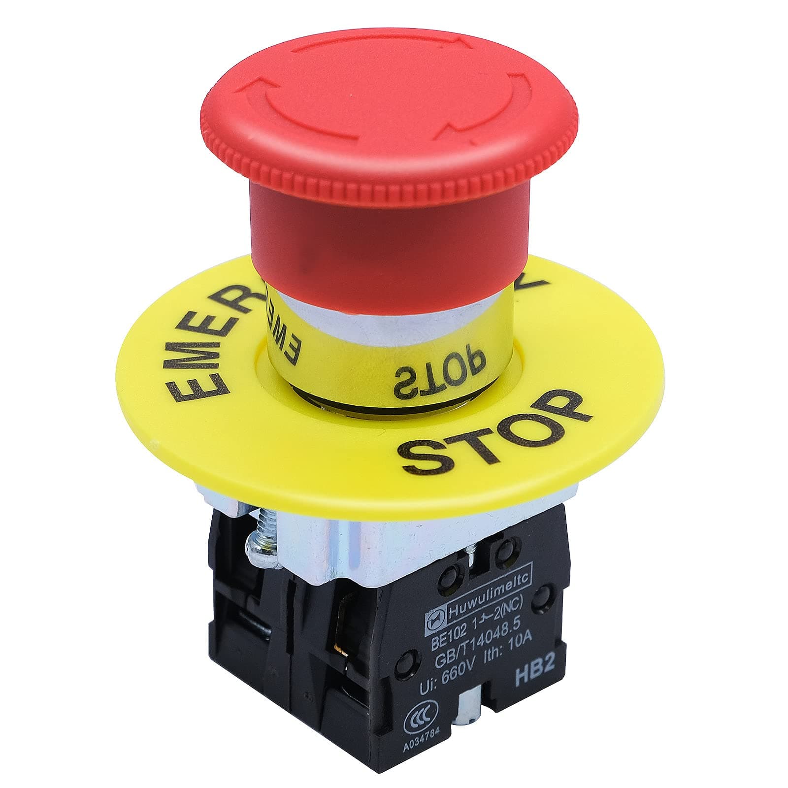 mxuteuk 2NC 22mm Emergency Stop Push Button Switch Red Mushroom Equipment e Stop Shut Off Switch AC 660V 10A HB2-BS544
