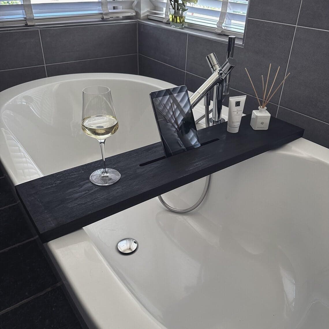 RuPS Premium Handmade Solid Wood Bathtub Tray/Bath Caddy for Bathroom, Bath Shelf/Table for Pool, Spa House, Tray with Mobile Holder. (Black)