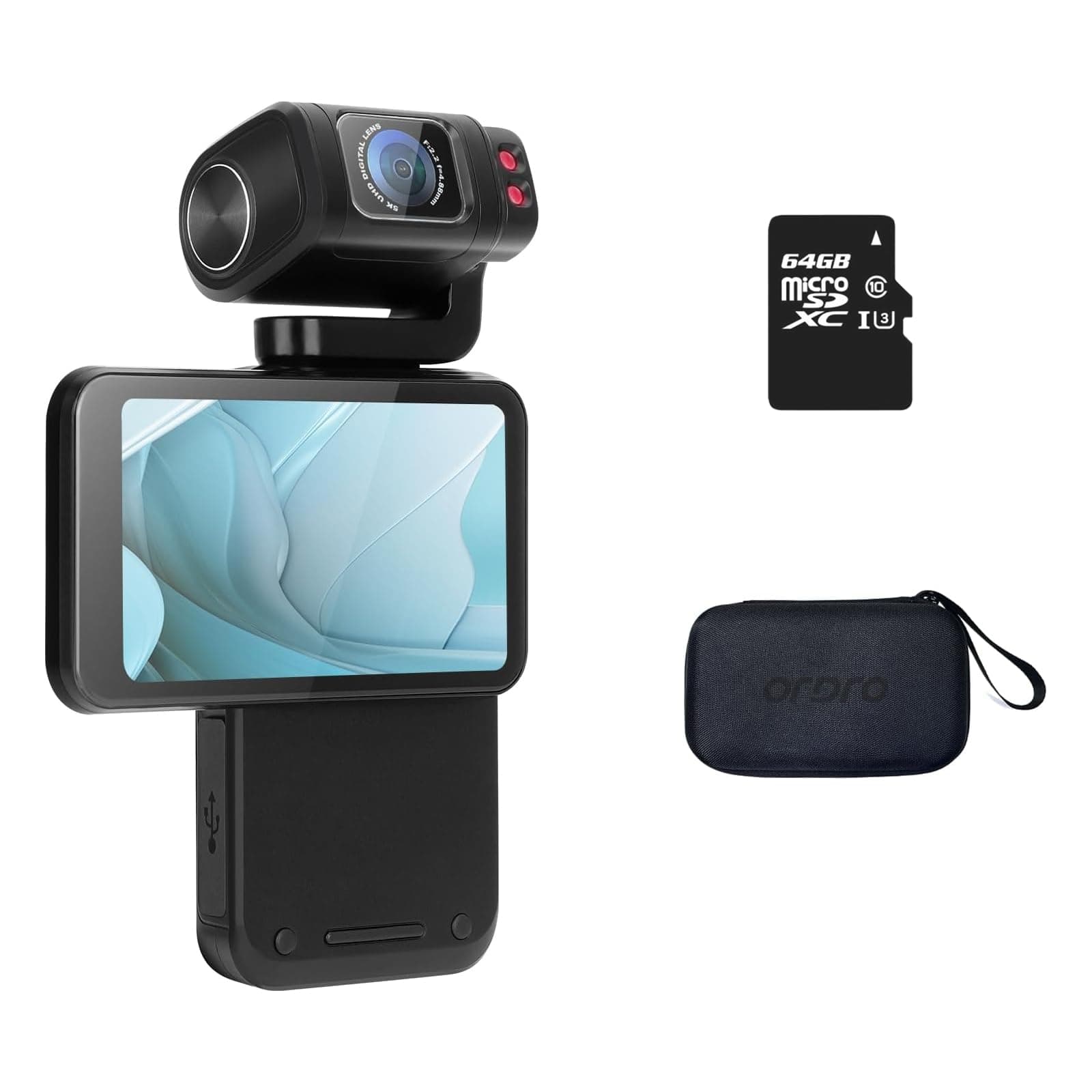 - M3 Handheld Vlog Camera, 5K Pocket Camera with 3.5-inch Flippable Touch Screen, 3250mAh Large Capacity Battery, IR Night Vision Function+64G Memory Card