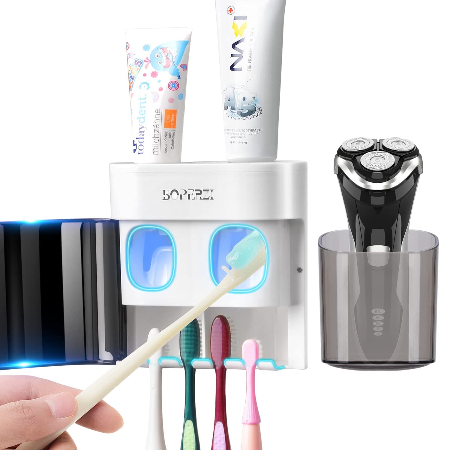 Boperzi Bathroom Razor Storage Holder and Toothpaste Dispenser Wall Mounted with Dustproof Cover, Black Toothbrush Holder Set for Mirror Shower with 2 Toothpaste Squeezers(No Electric, No Light)