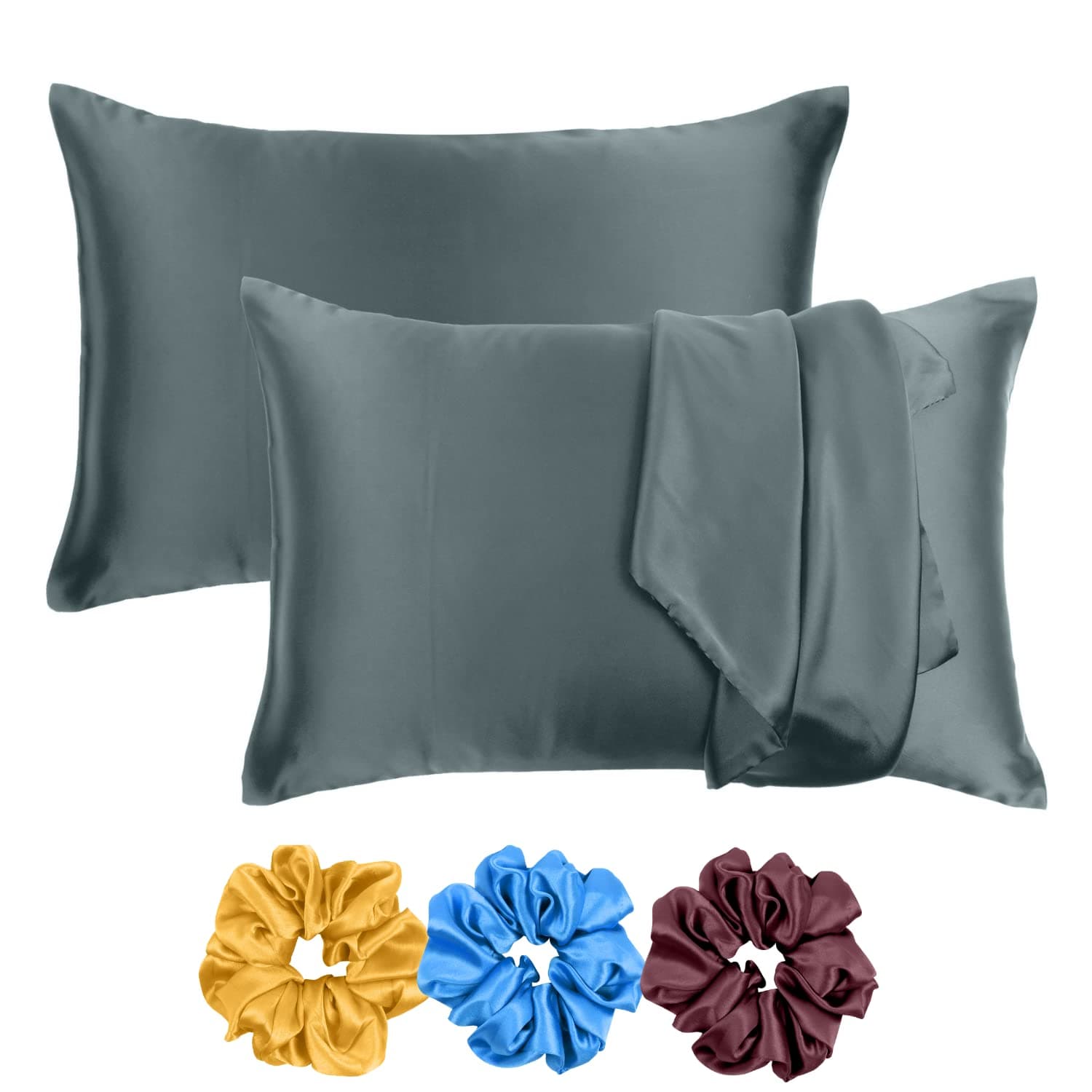 Riara Satin Silk Pillowcase Pillow Case Covers with Envelop Closure for Hair and Skin Home Bed Decor Set of 2 Pillowcase Free 3 Pc Scrunchie (Regular Size (18"x27"), Steel Gray)