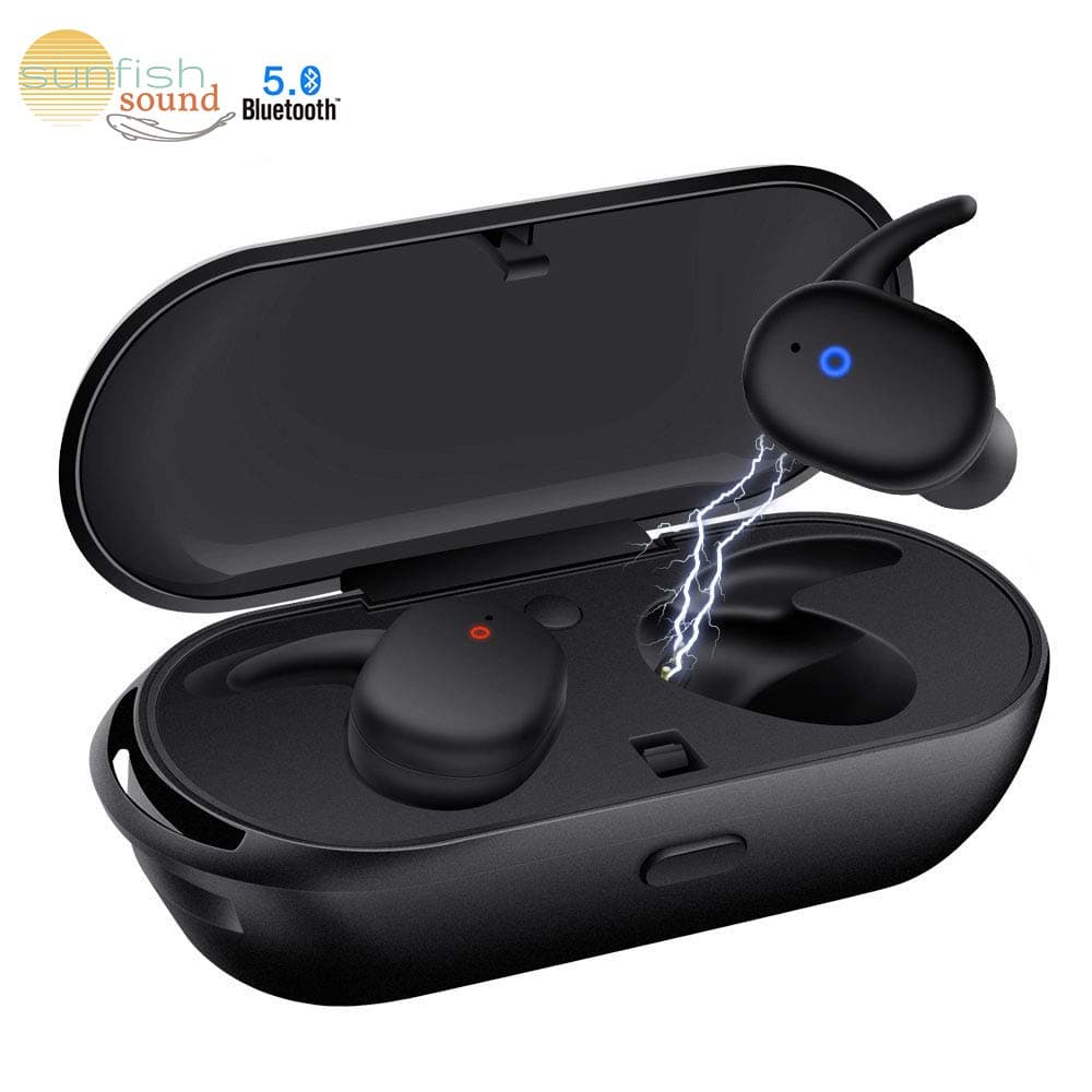 Sunfish Studio Sport Bluetooth Wireless Earbuds - Light, Comfortable, 100% IPX7 Waterproof Noise Cancelling in-Ear Headphones w/Mic, Deep Flex Bass Subwoofers, 5.0 Auto Pairing & LED Charging Case