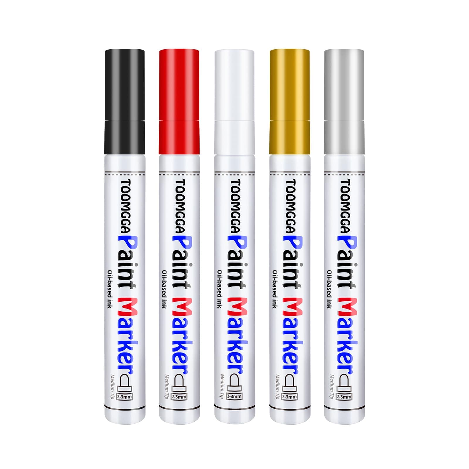 Permanent Paint Pens - 5 Pack Oil Based Paint Markers, Quick Dry Paint Pens for Rock Painting, Metal, Glass, Fabric, Plastic, Medium Tip, A5-PP, Black, Red, White, Silver, Gold