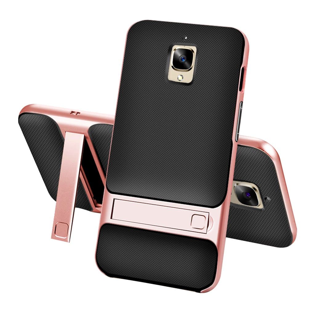 OnePlus 3/3T Back Cover Case - Ultra Slim Dual Layer Hybrid Shockproof Rugged Non-slip Protective Cover[Soft TPU and Hard PC]With Kickstand for OnePlus 3/3T - Rose Gold