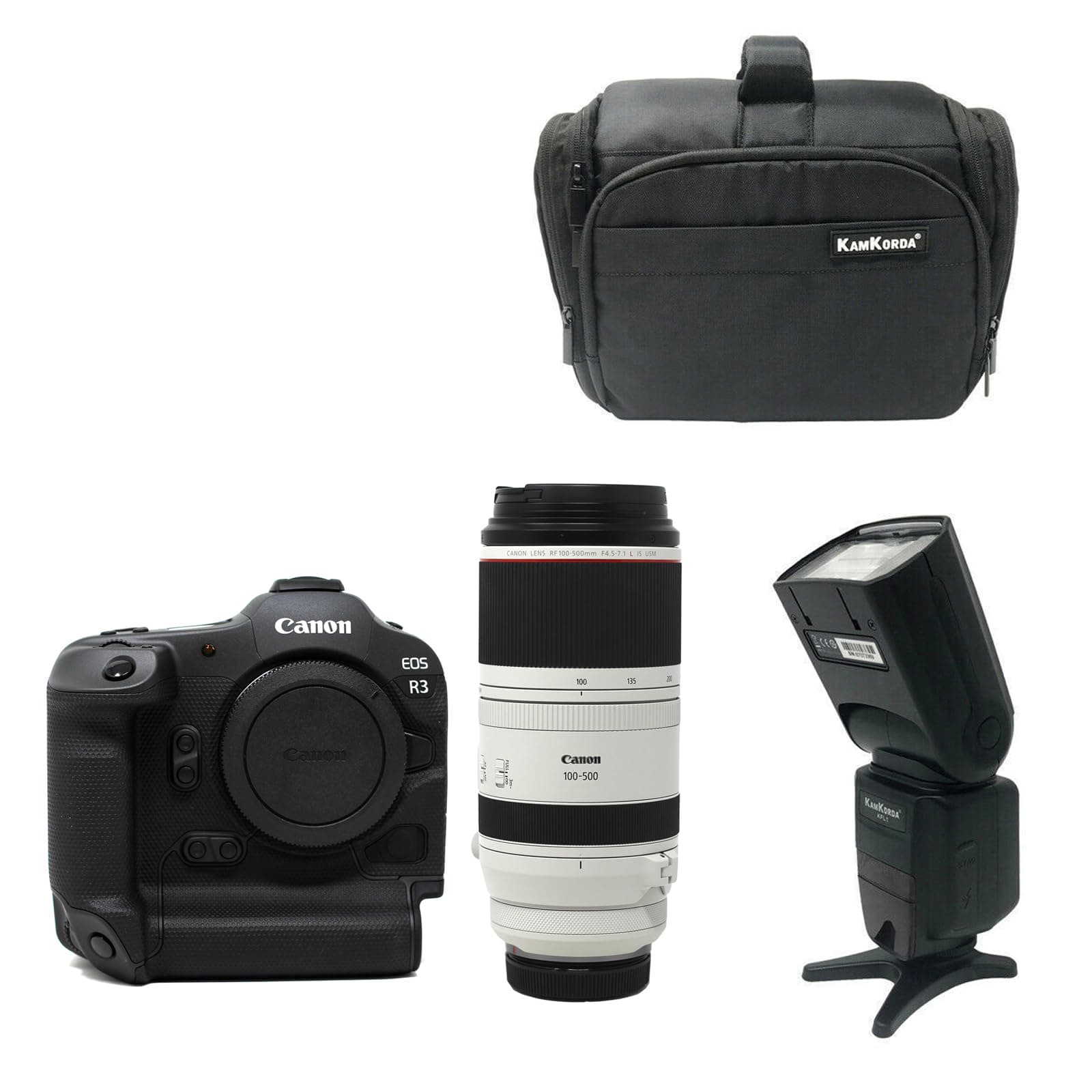 KamKorda Camera Bag+ Flash + R3 Mirrorless Digital Camera + RF 100-500mm f/4.5-7.1L IS USM Lens, 24MP Full Frame CMOS Sensor, DIGIC X Image Processor, 6K60 Raw 4K120 10Bit Video + 2 Year Warranty