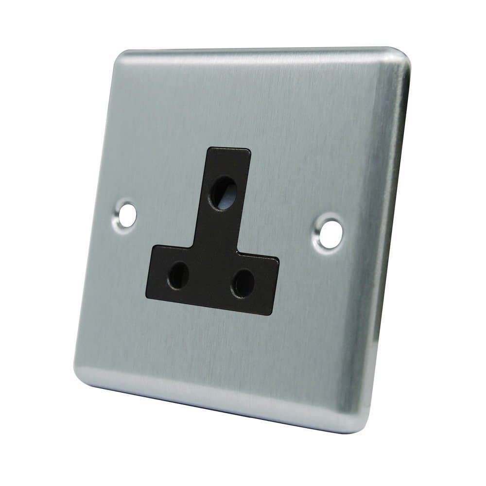 AET CSC5ASOCBL Satin Chrome Classical Black Insert-5 Amp 1 Gang Round Pin Unswitched Plug Socket, 240 V
