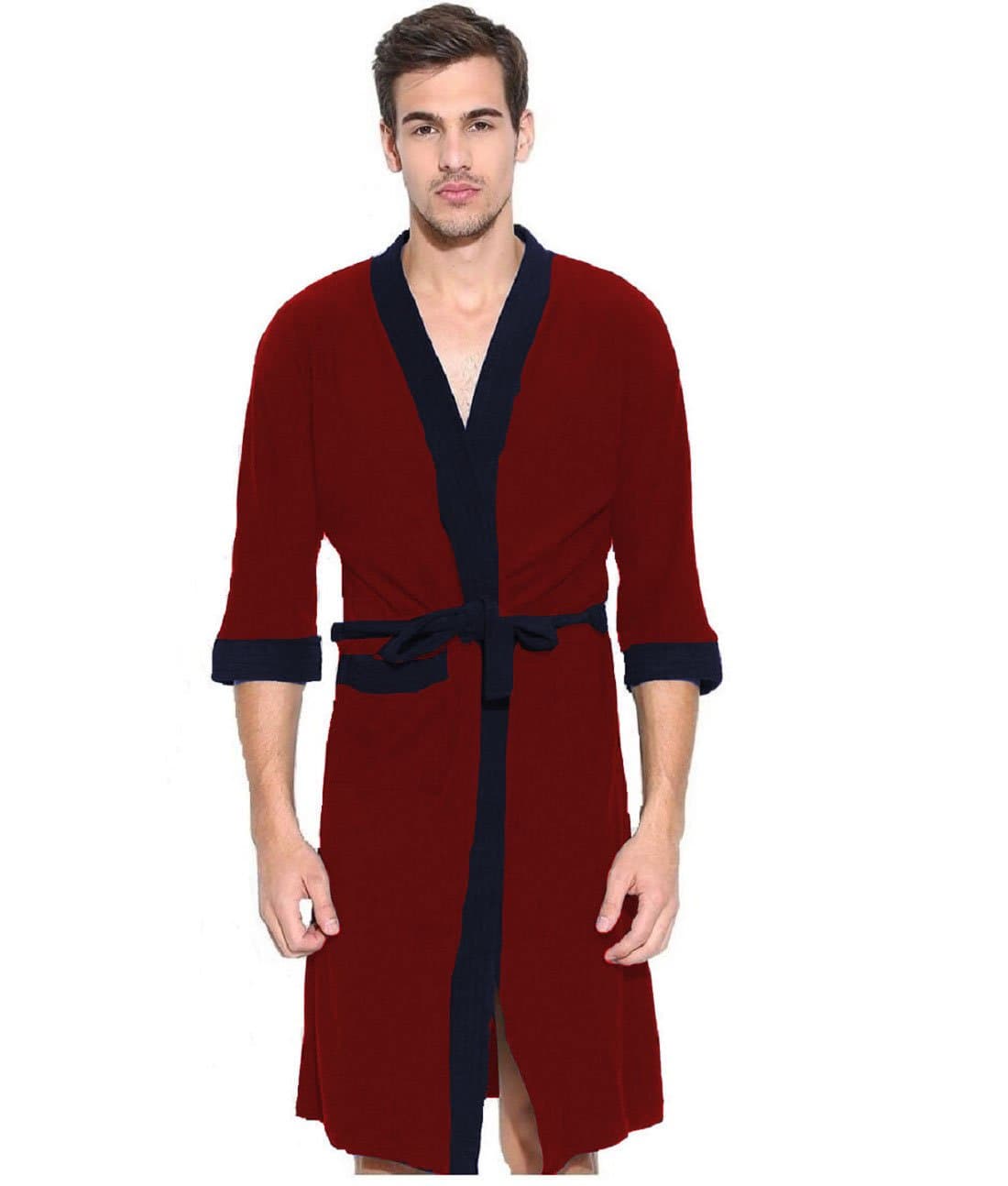 Elevanto Collection 3/4Th Sleeve Terry Cotton Bathrobe-Free Size-Men(RED with Blue Strips}