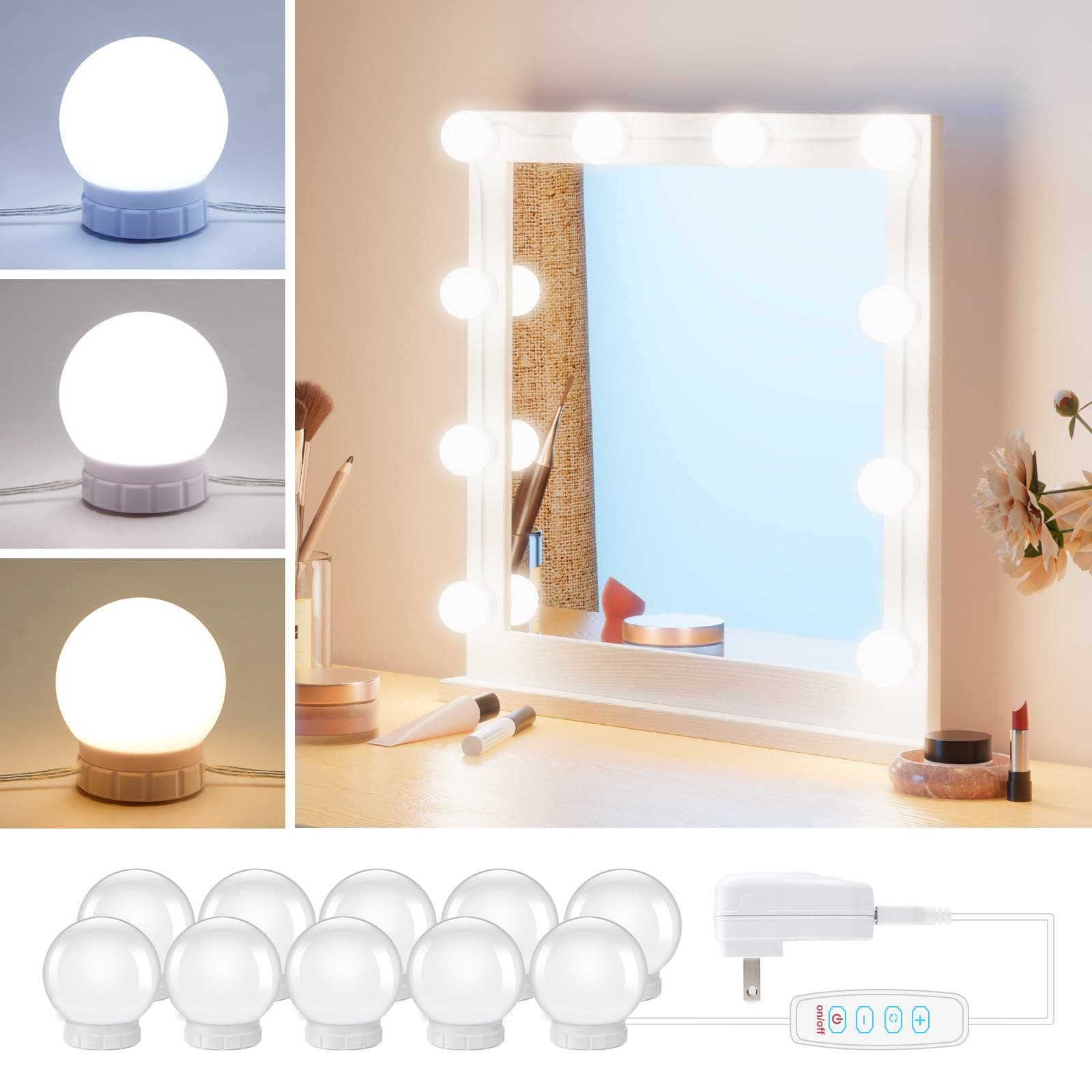 Hollywood Style LED Vanity Mirror Lights Kit with 10 Dimmable Light Bulbs for Makeup Dressing Table and Power Supply Plug in Lighting Fixture Strip - Vanity Mirror Light - White (No Mirror Included)