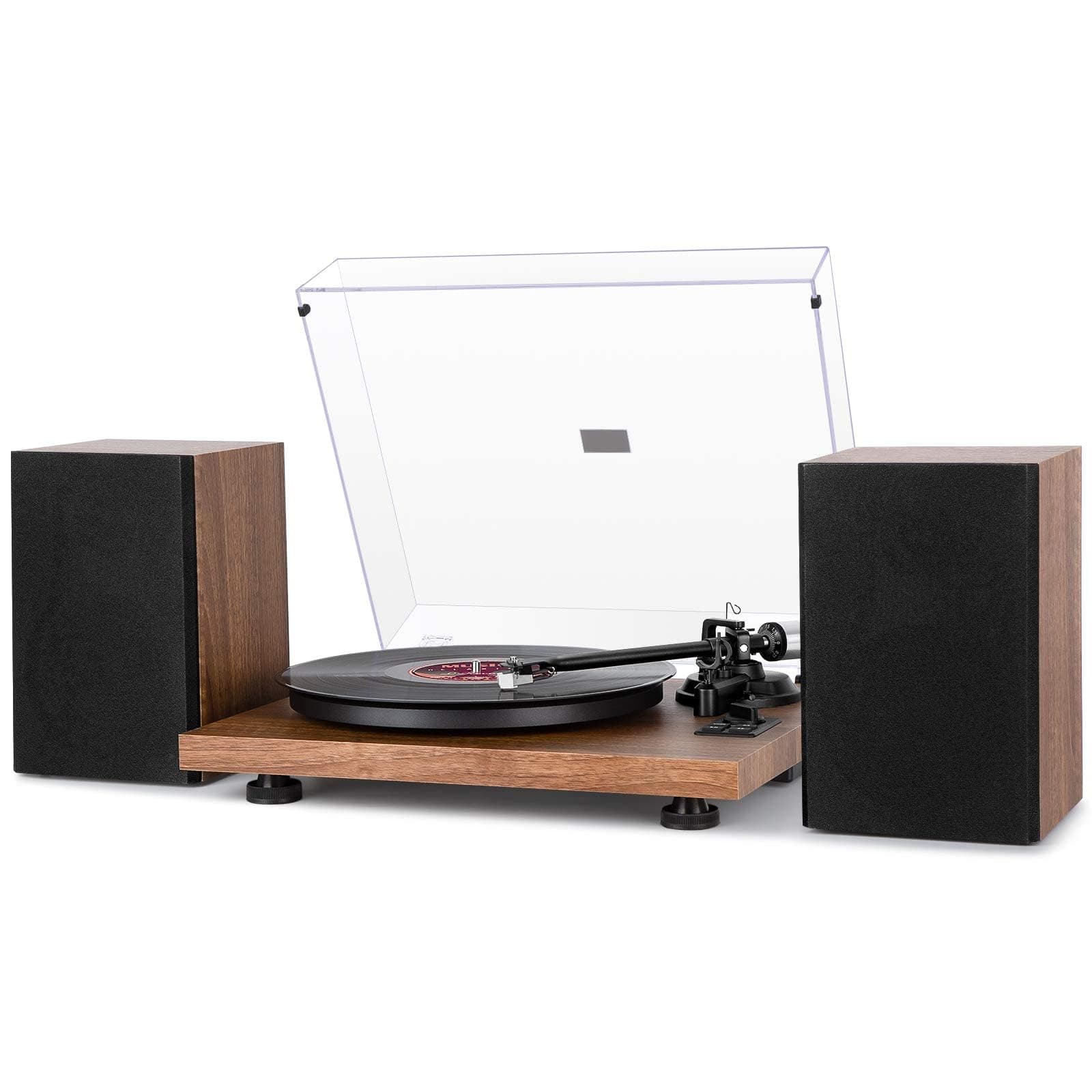 1 BY ONE Bluetooth Turntable HiFi System with 36 Watt Bookshelf Speakers, Patend Designed Vinyl Record Player with Magnetic Cartridge, Wireless Playback and Auto Off (Walnut)