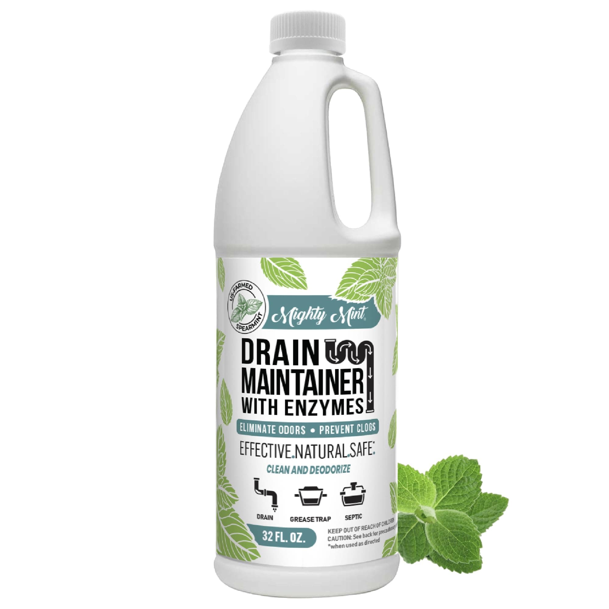 Mighty Mint Enzyme Drain Maintainer – Drain Cleaner & Deodorizer for Odor Control and Buildup Prevention – Safe for Pipes, Septic & Grease Traps - 32 oz.