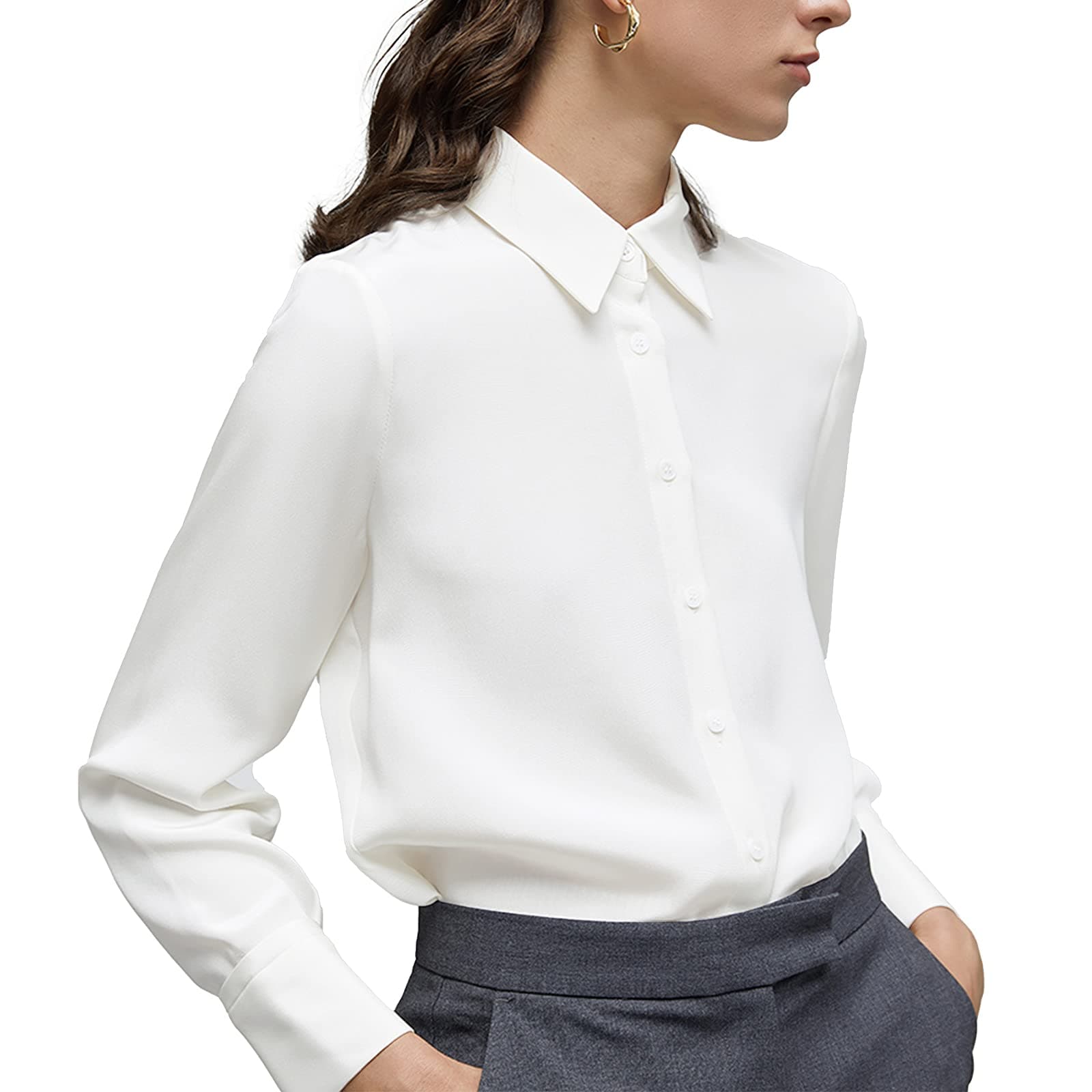 Women's Button Down Shirt Classic Long Sleeve Collared Tops Work Office Chiffon Blouse